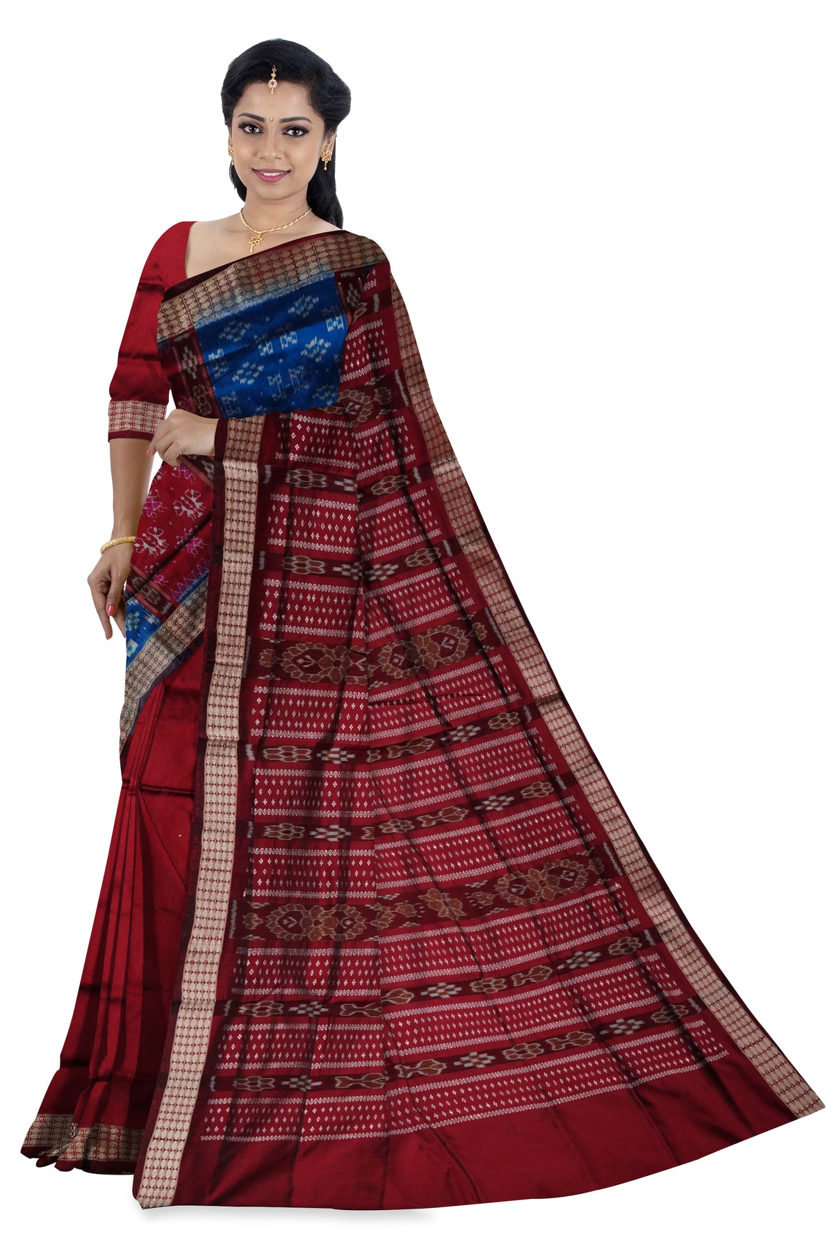 Blue & Maroon color pasapali pattern patli pata saree.
