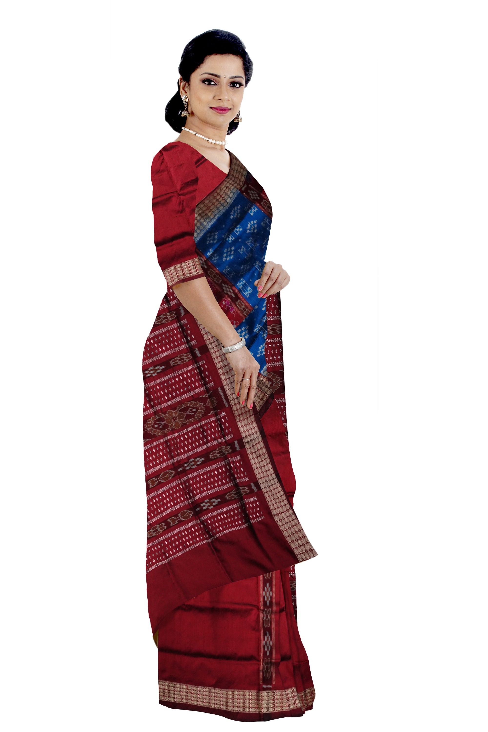 Blue & Maroon color pasapali pattern patli pata saree. - Koshali Arts & Crafts Enterprise