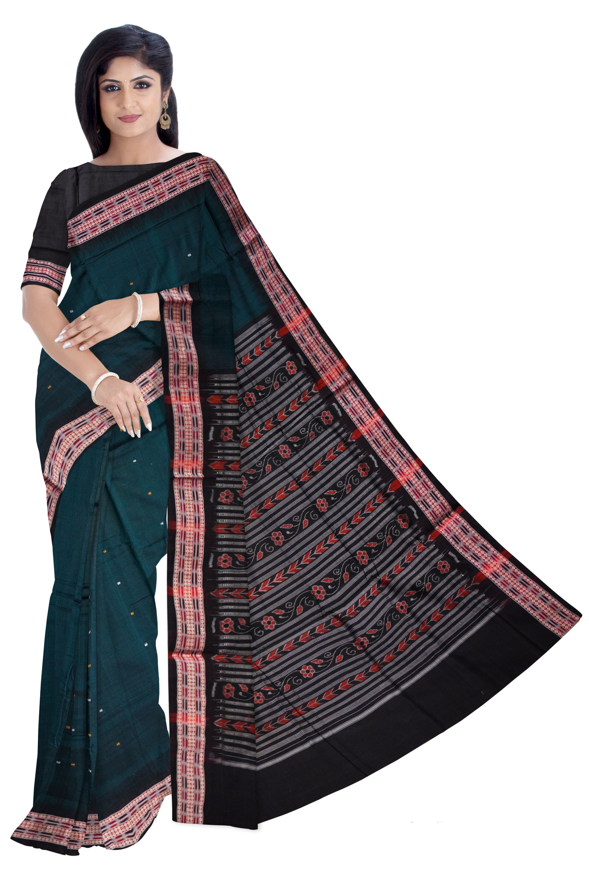 Deep Green and Black colour plain design Sambalpuri cotton saree. - Koshali Arts & Crafts Enterprise