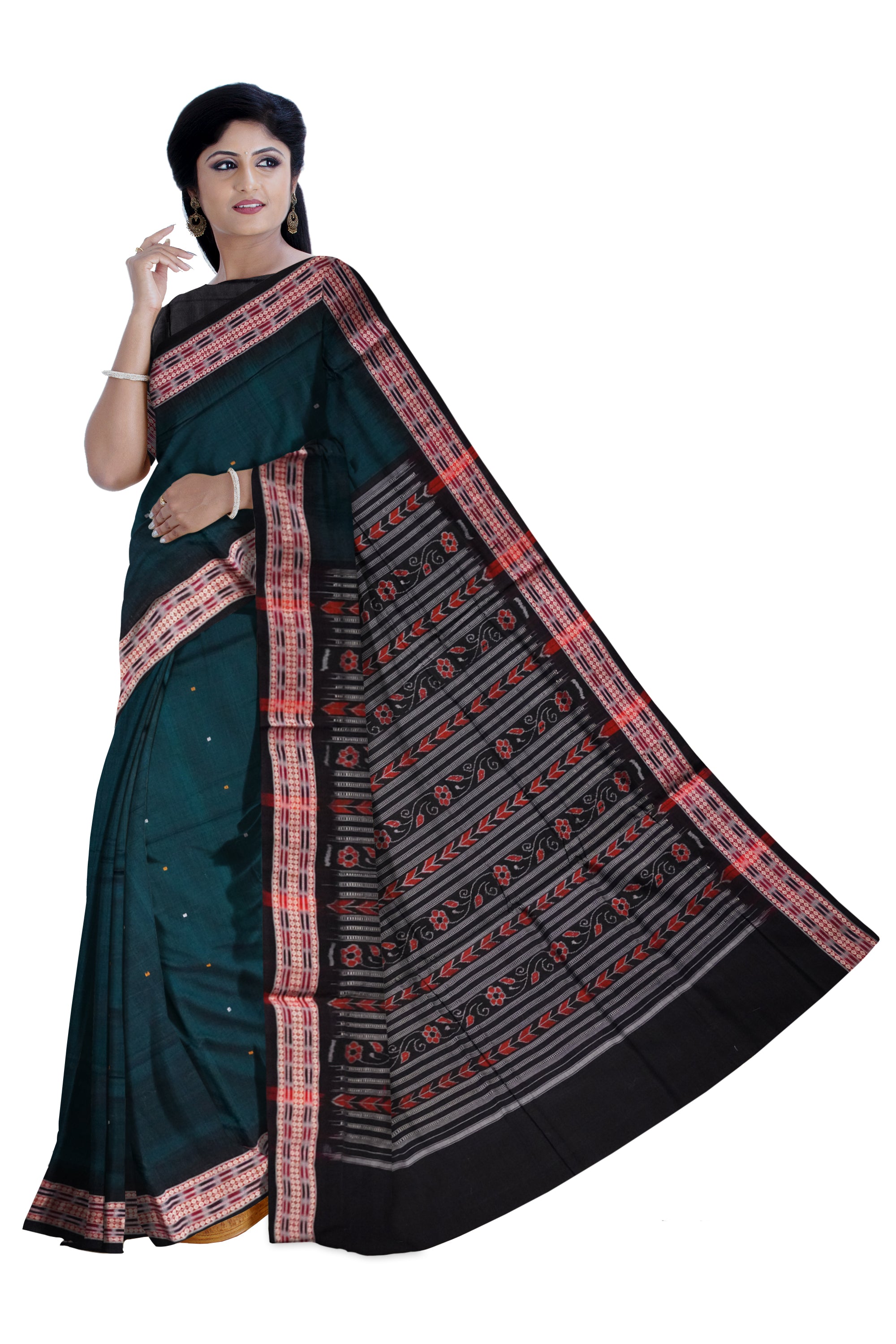 Deep Green and Black colour plain design Sambalpuri cotton saree. - Koshali Arts & Crafts Enterprise