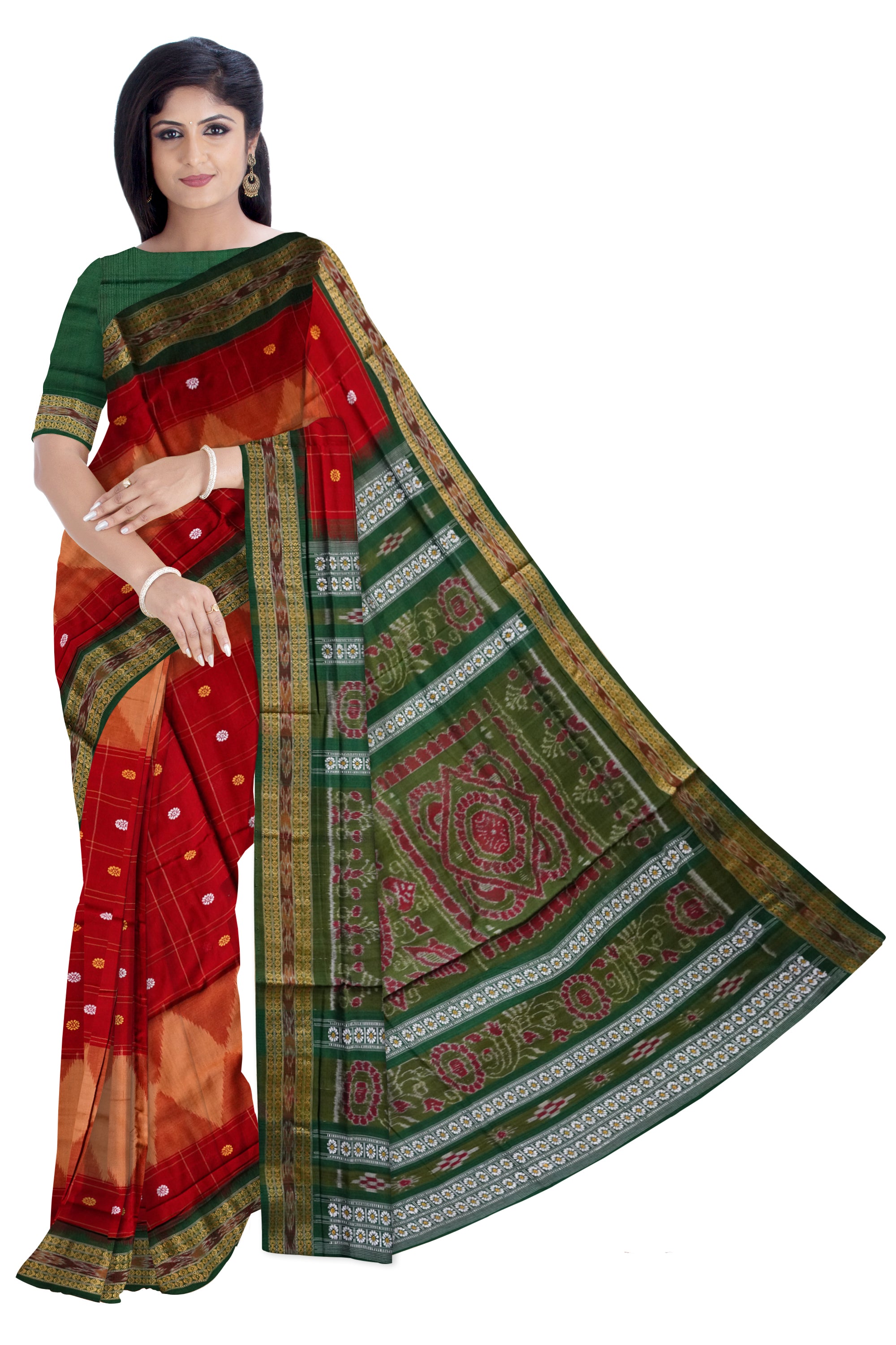 Maroon and Green colour booty pattern plain design cotton saree. - Koshali Arts & Crafts Enterprise