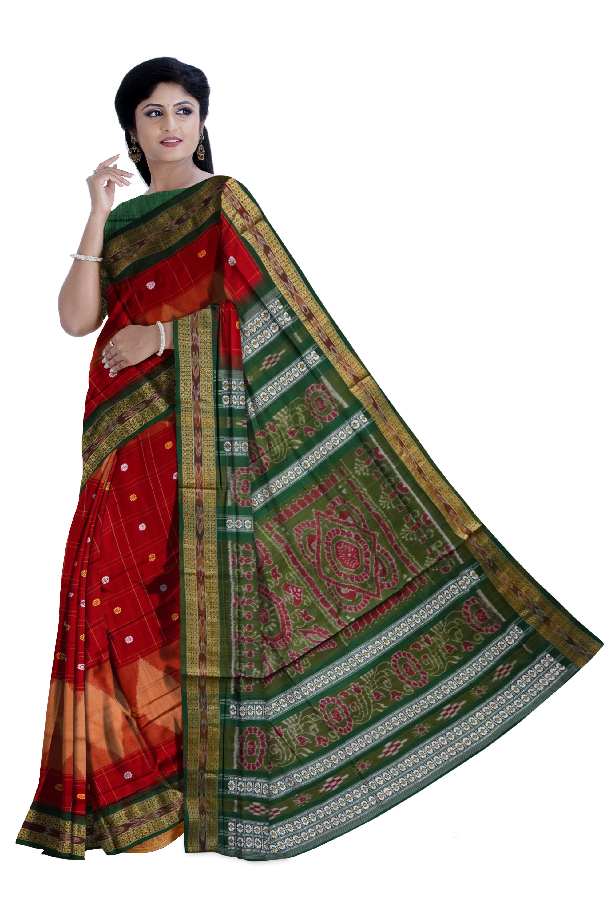 Maroon and Green colour booty pattern plain design cotton saree. - Koshali Arts & Crafts Enterprise