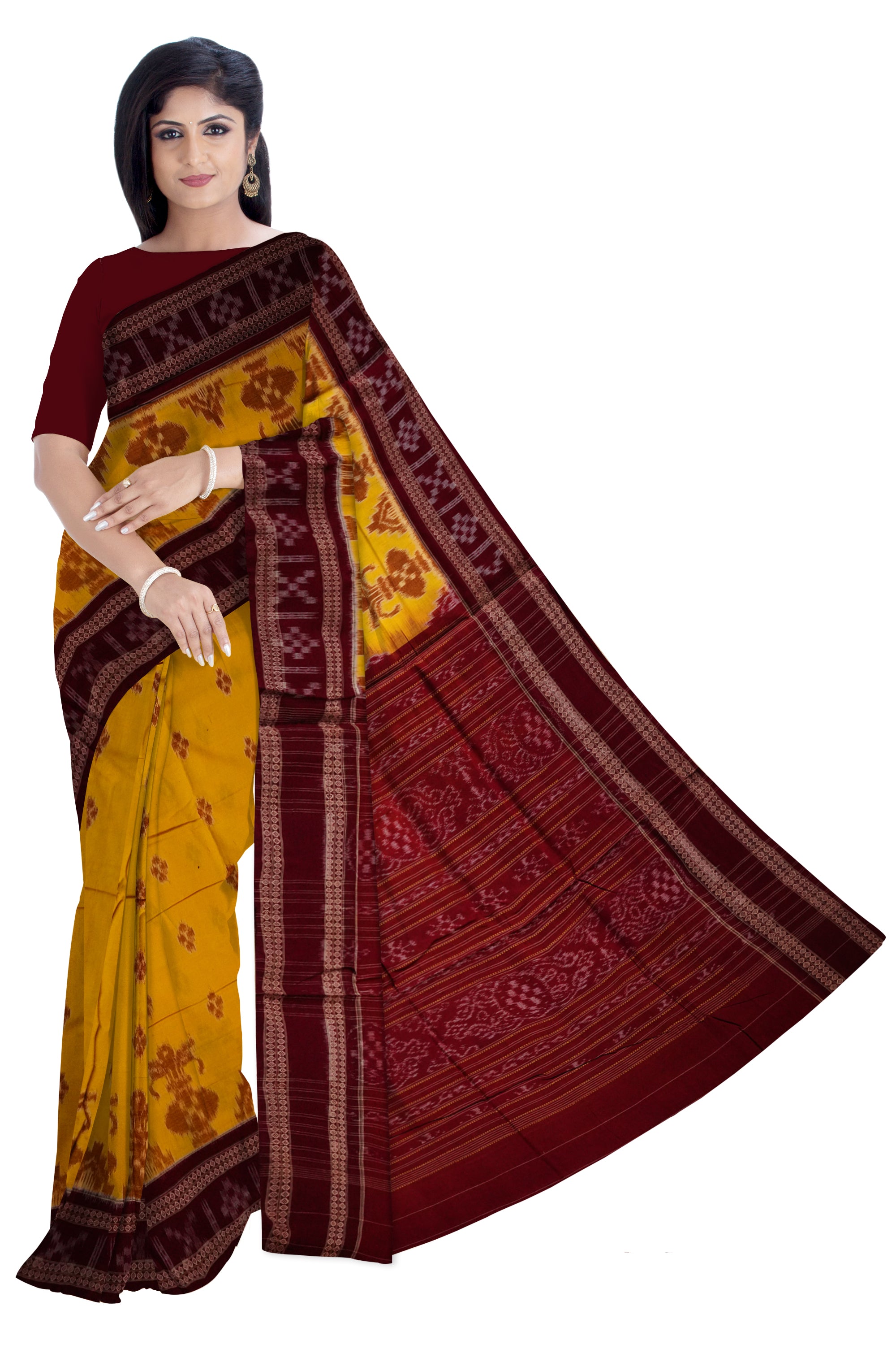 Yellow and coffee colour kalasa design in full body work sambalpuri cotton saree. - Koshali Arts & Crafts Enterprise