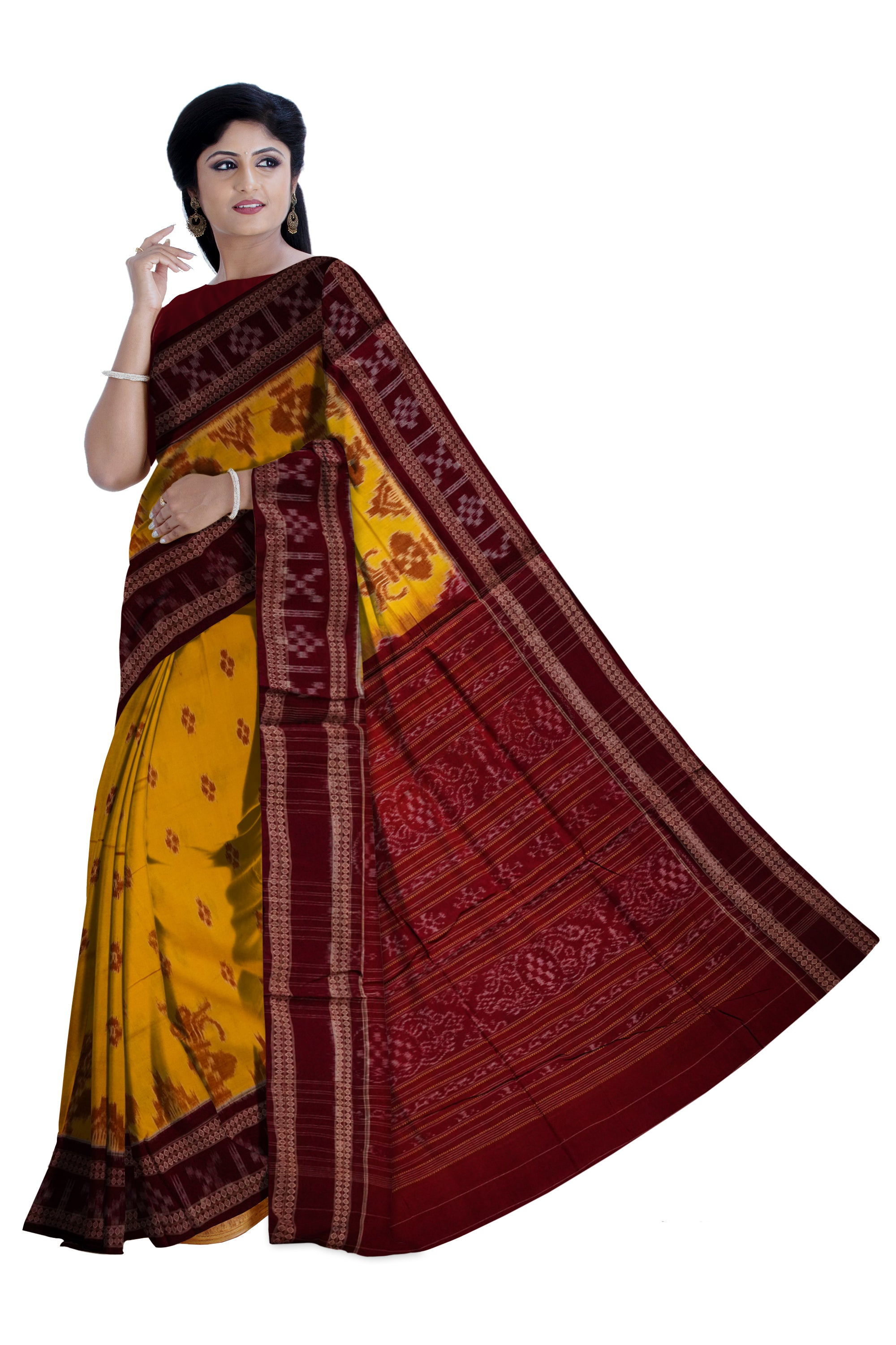 Yellow and coffee colour kalasa design in full body work sambalpuri cotton saree. - Koshali Arts & Crafts Enterprise