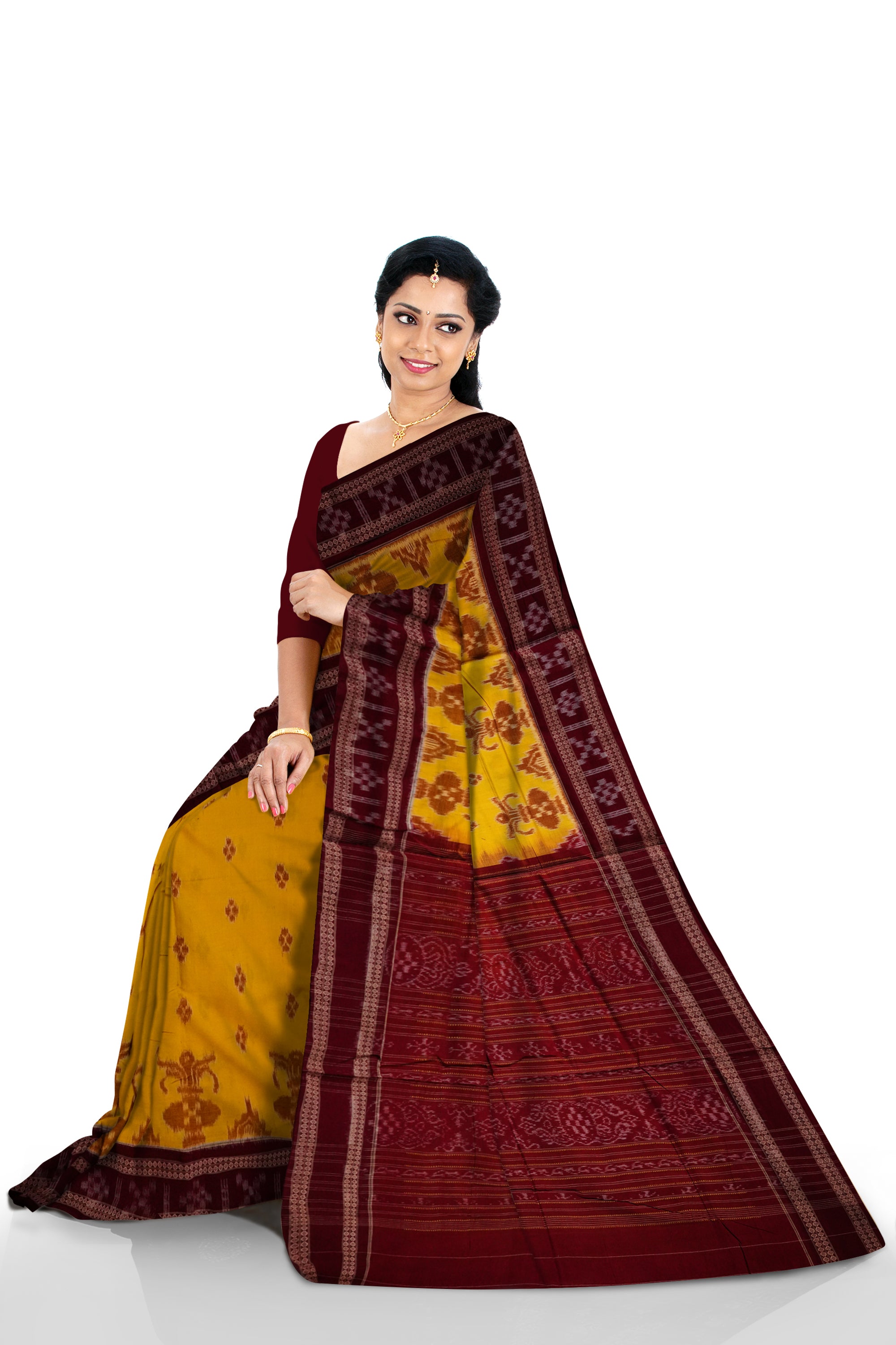 Yellow and coffee colour kalasa design in full body work sambalpuri cotton saree. - Koshali Arts & Crafts Enterprise
