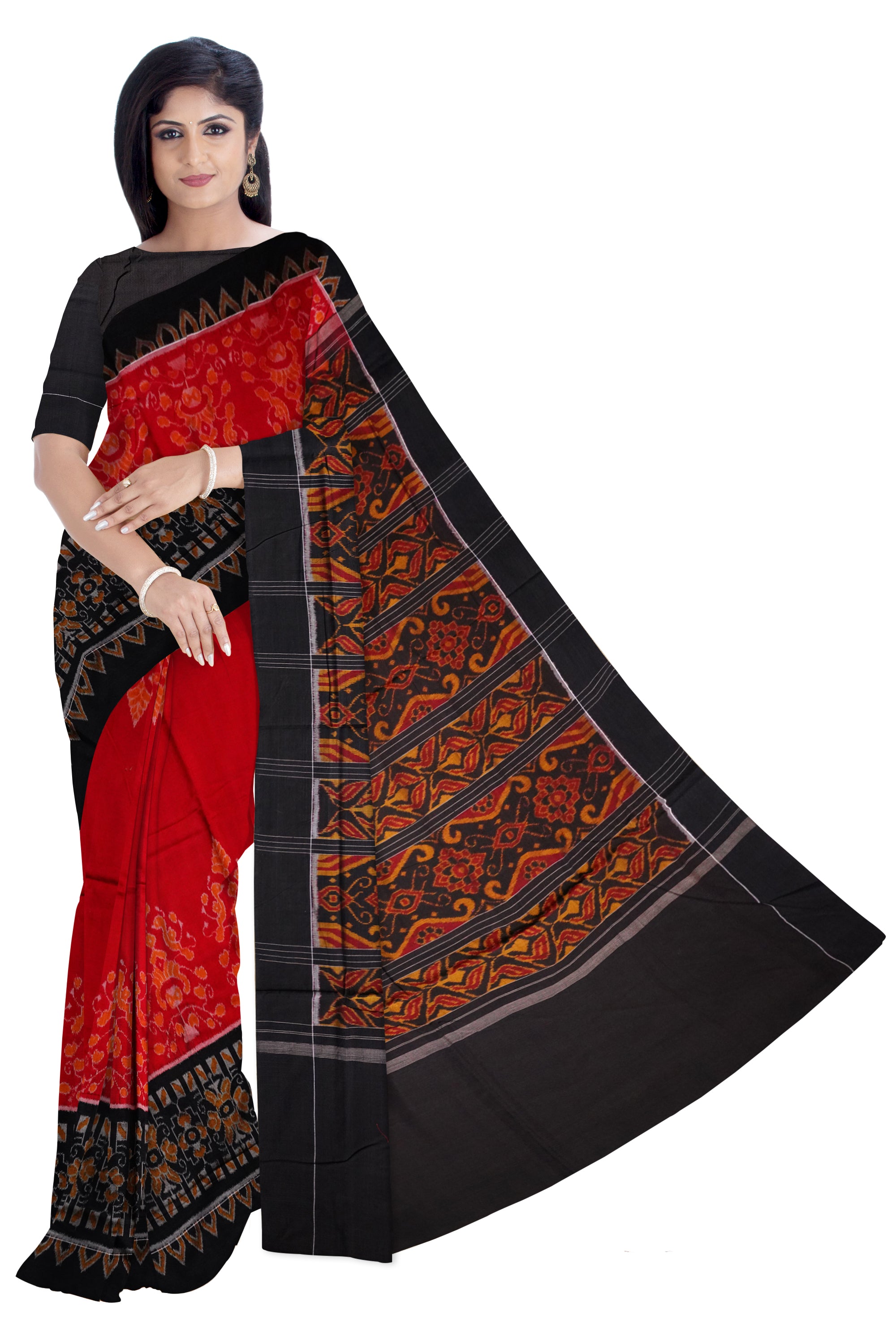 Plain border with full body bandha work in Red and Black colour cotton saree - Koshali Arts & Crafts Enterprise