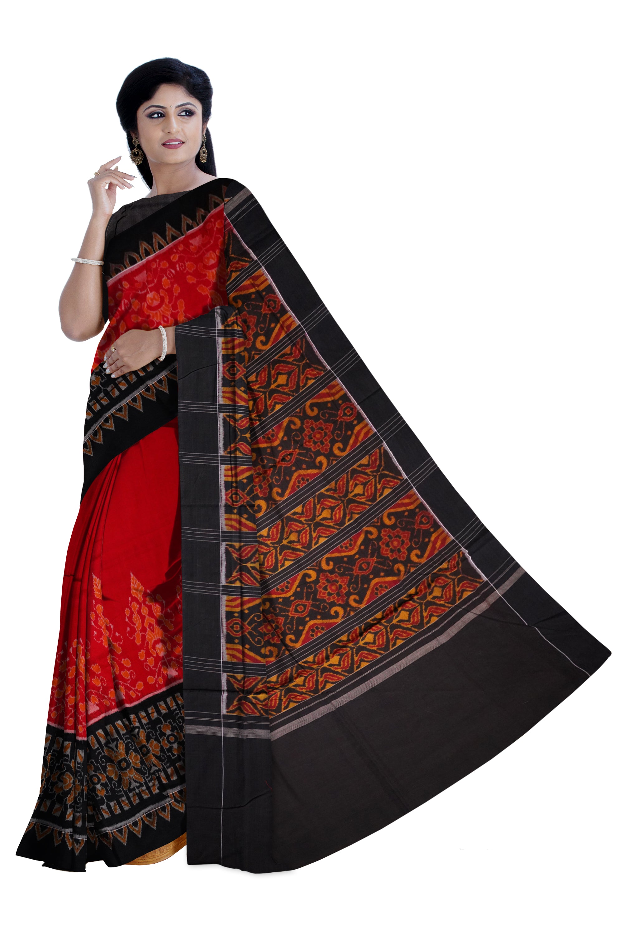 Plain border with full body bandha work in Red and Black colour cotton saree - Koshali Arts & Crafts Enterprise