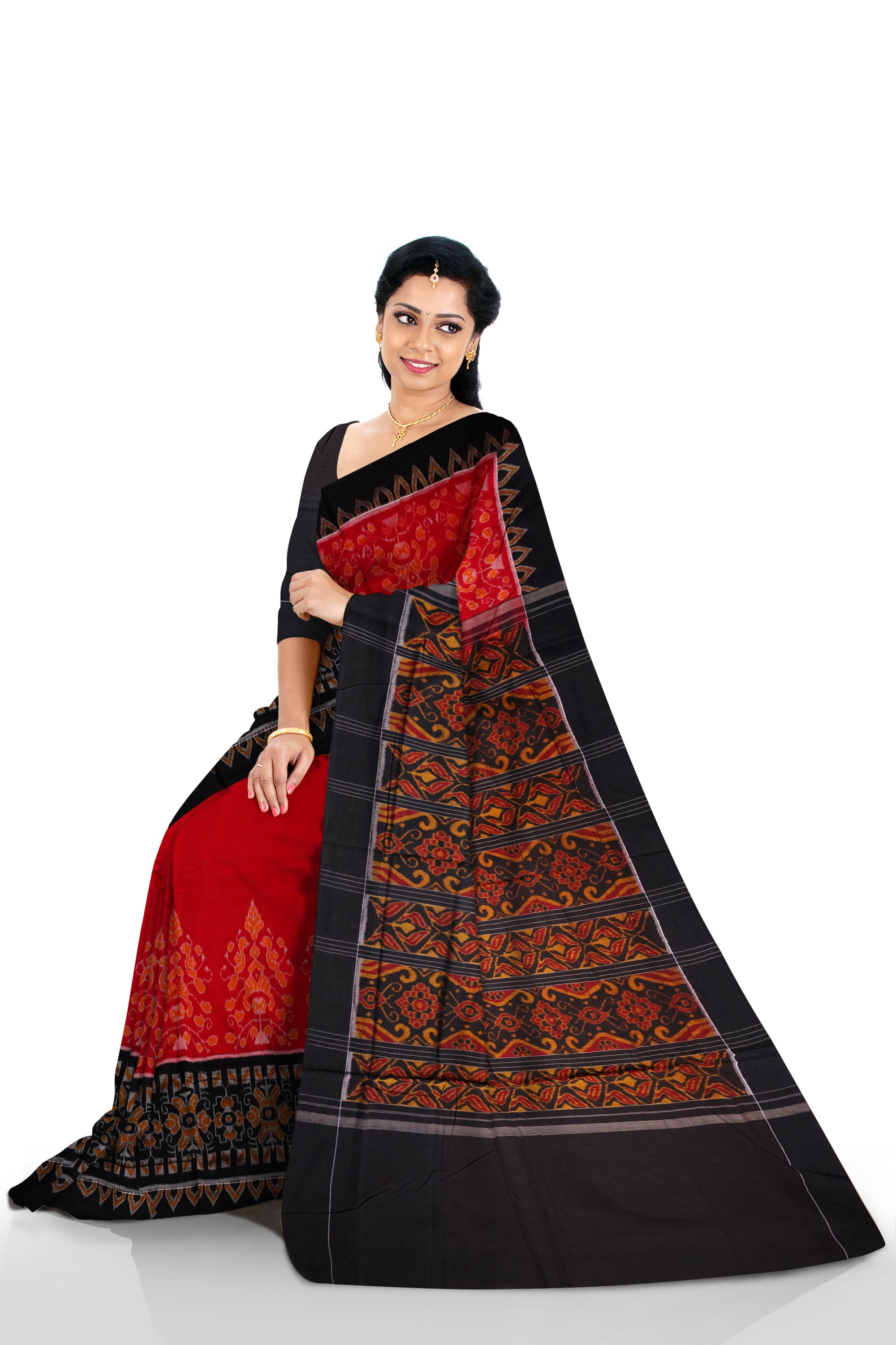 Plain border with full body bandha work in Red and Black colour cotton saree - Koshali Arts & Crafts Enterprise