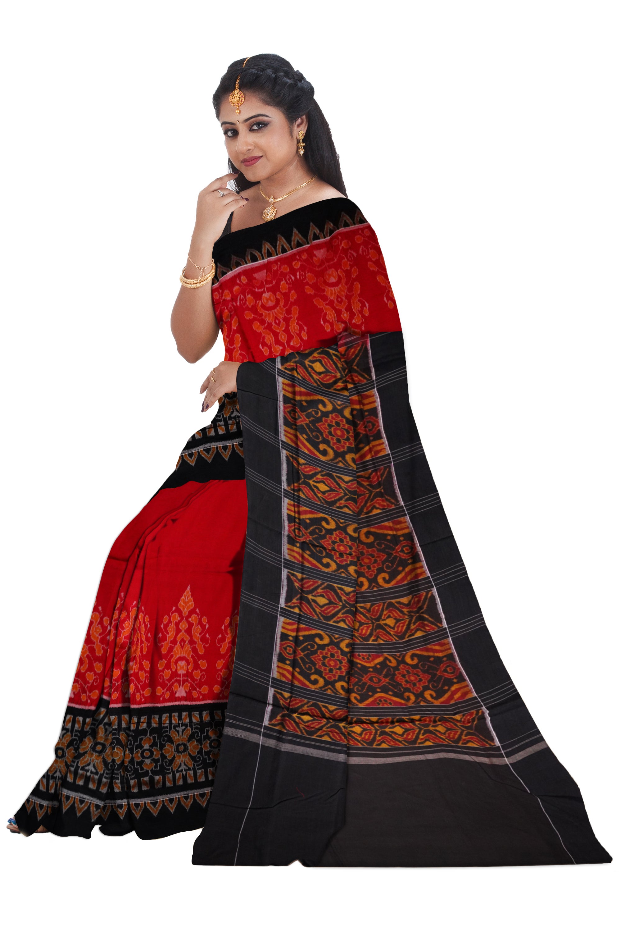 Plain border with full body bandha work in Red and Black colour cotton saree - Koshali Arts & Crafts Enterprise