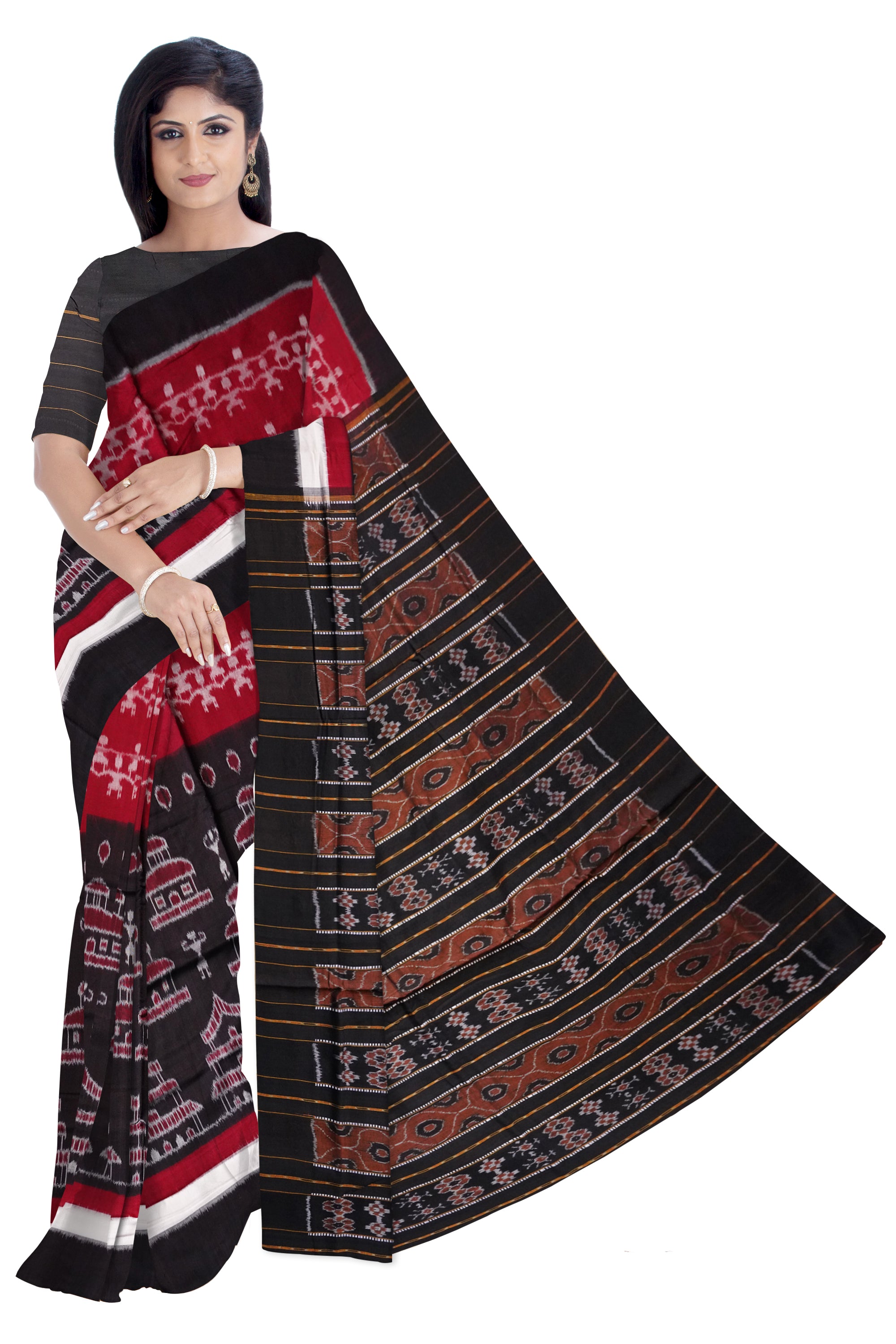 Terracotta pattern with plain border in Maroon and Black colour sambalpuri cotton saree - Koshali Arts & Crafts Enterprise