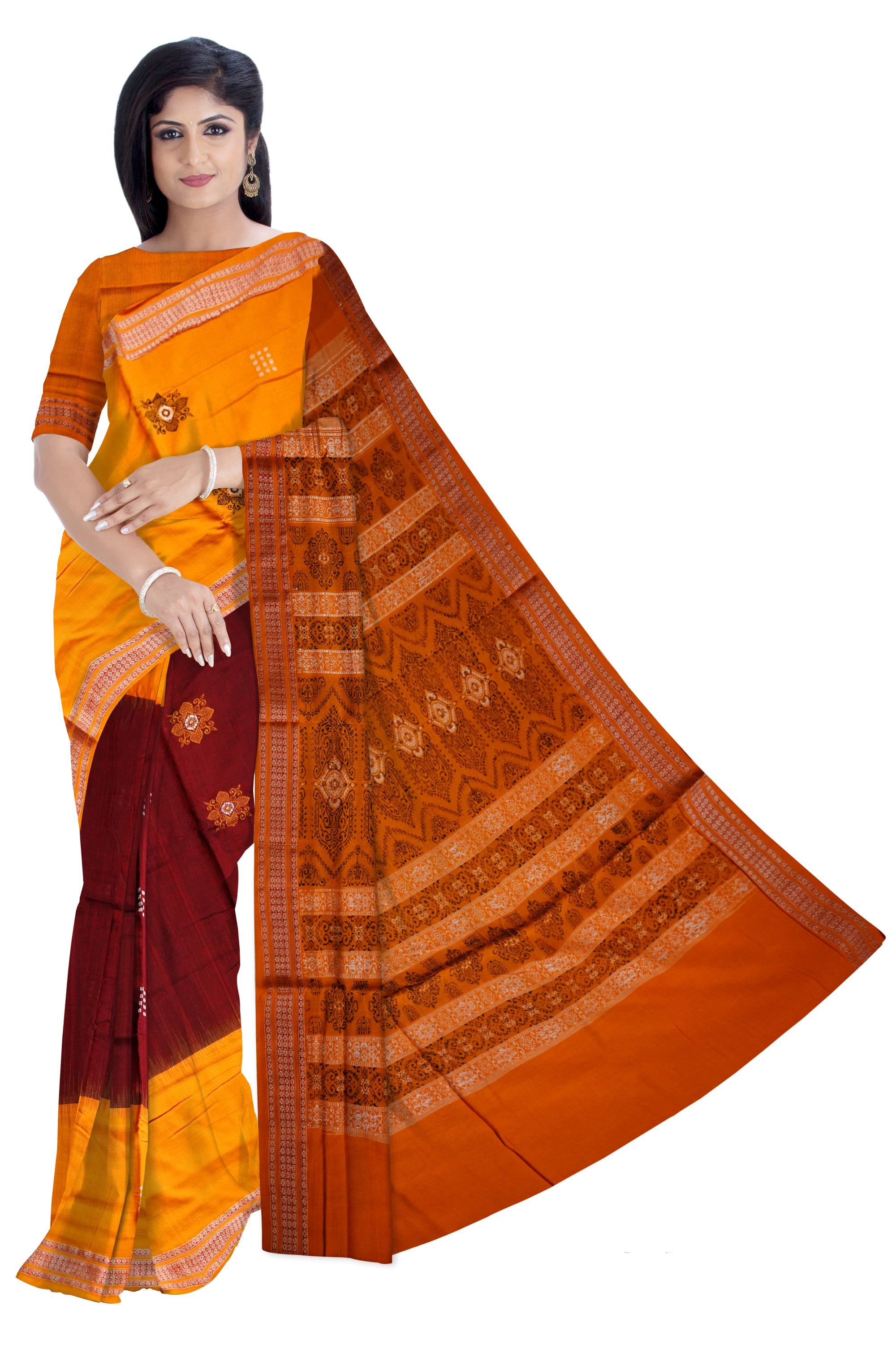 Yellow and coffee colour bomkei sambalpuri cotton saree. - Koshali Arts & Crafts Enterprise