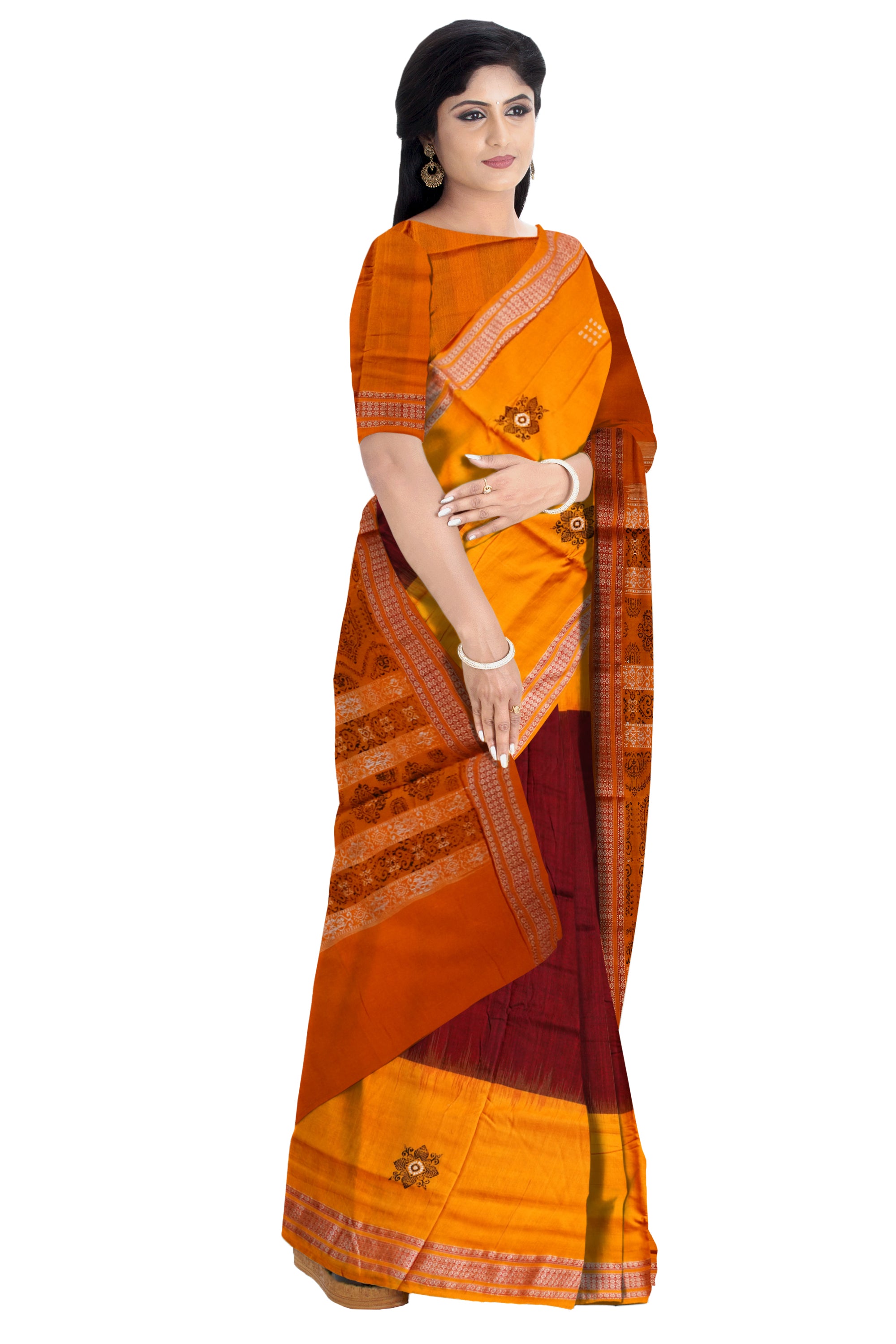Yellow and coffee colour bomkei sambalpuri cotton saree. - Koshali Arts & Crafts Enterprise