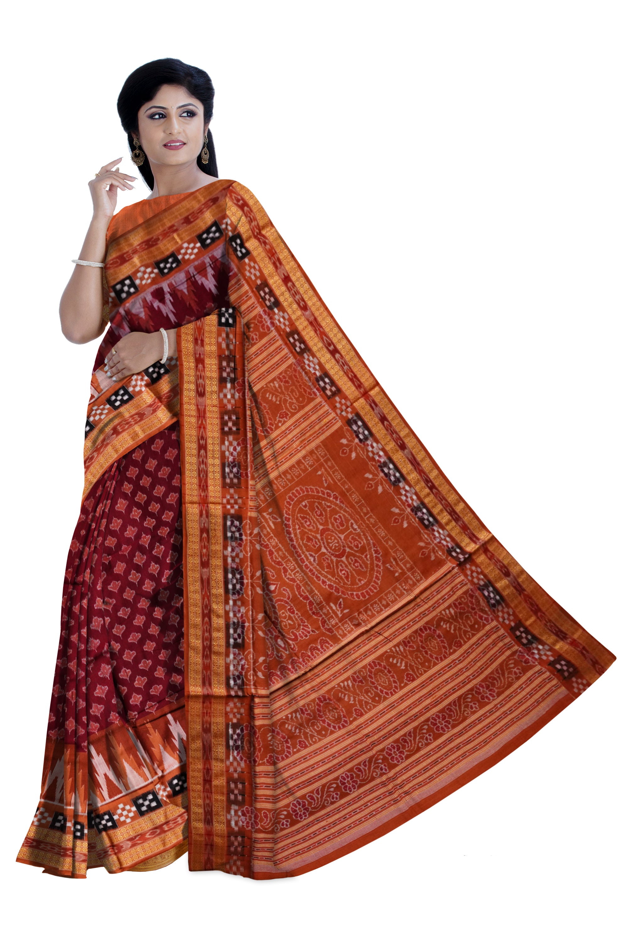 Coffee and mattha colour leaf design with dhadi pasapali pattern cotton saree. - Koshali Arts & Crafts Enterprise