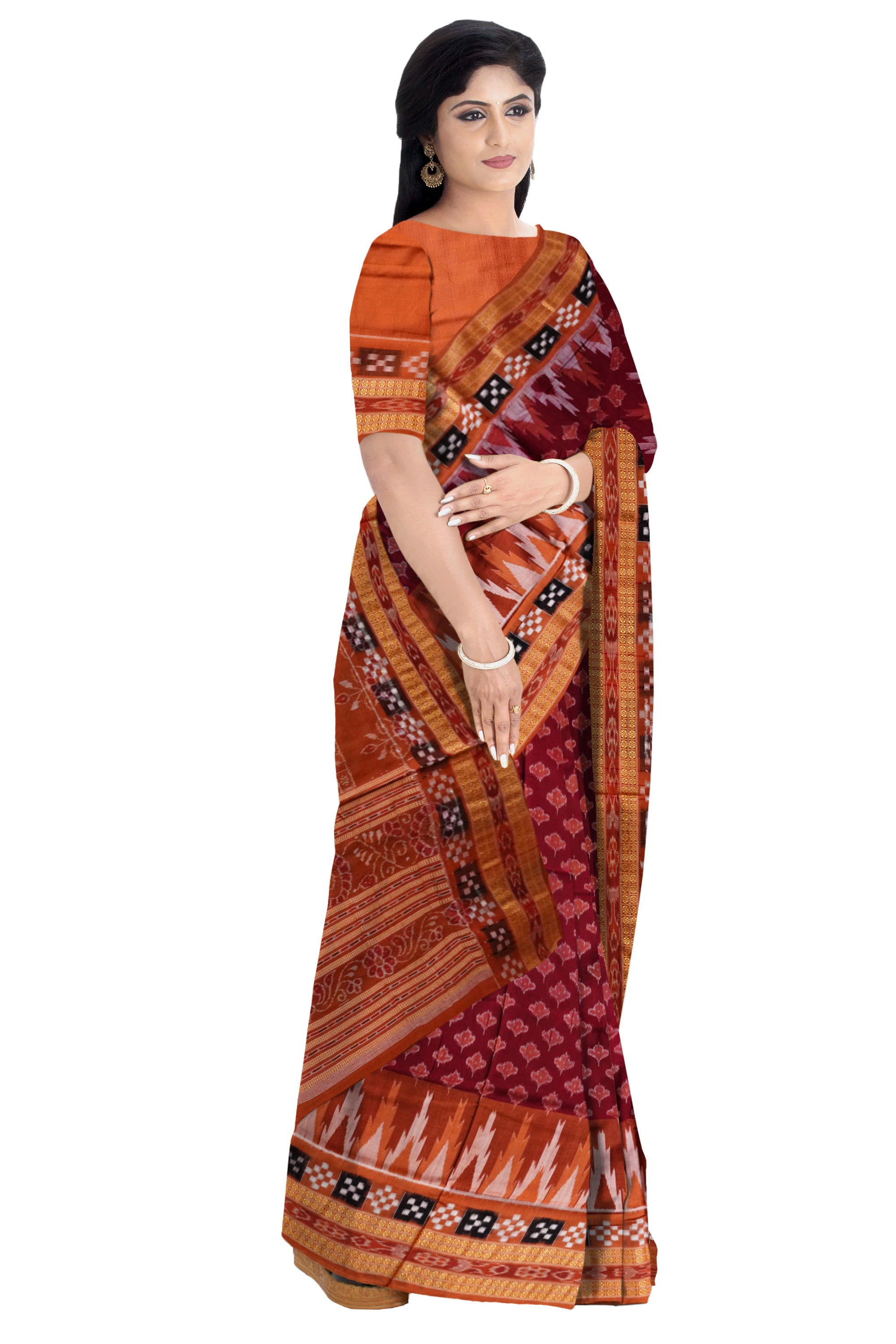 Coffee and mattha colour leaf design with dhadi pasapali pattern cotton saree. - Koshali Arts & Crafts Enterprise