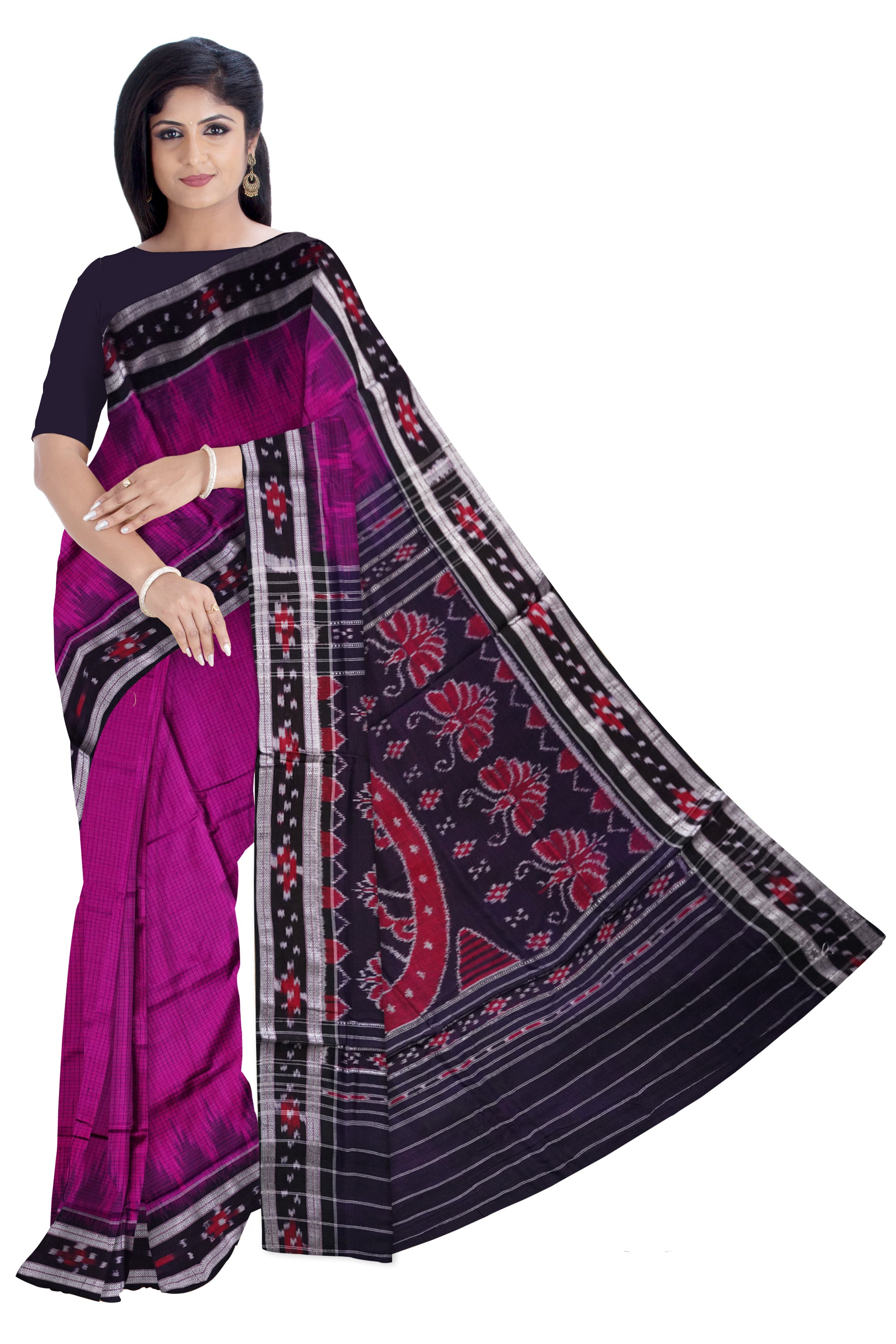 Pink and Black colour dhadi pasapali pattern sambalpuri cotton saree. - Koshali Arts & Crafts Enterprise