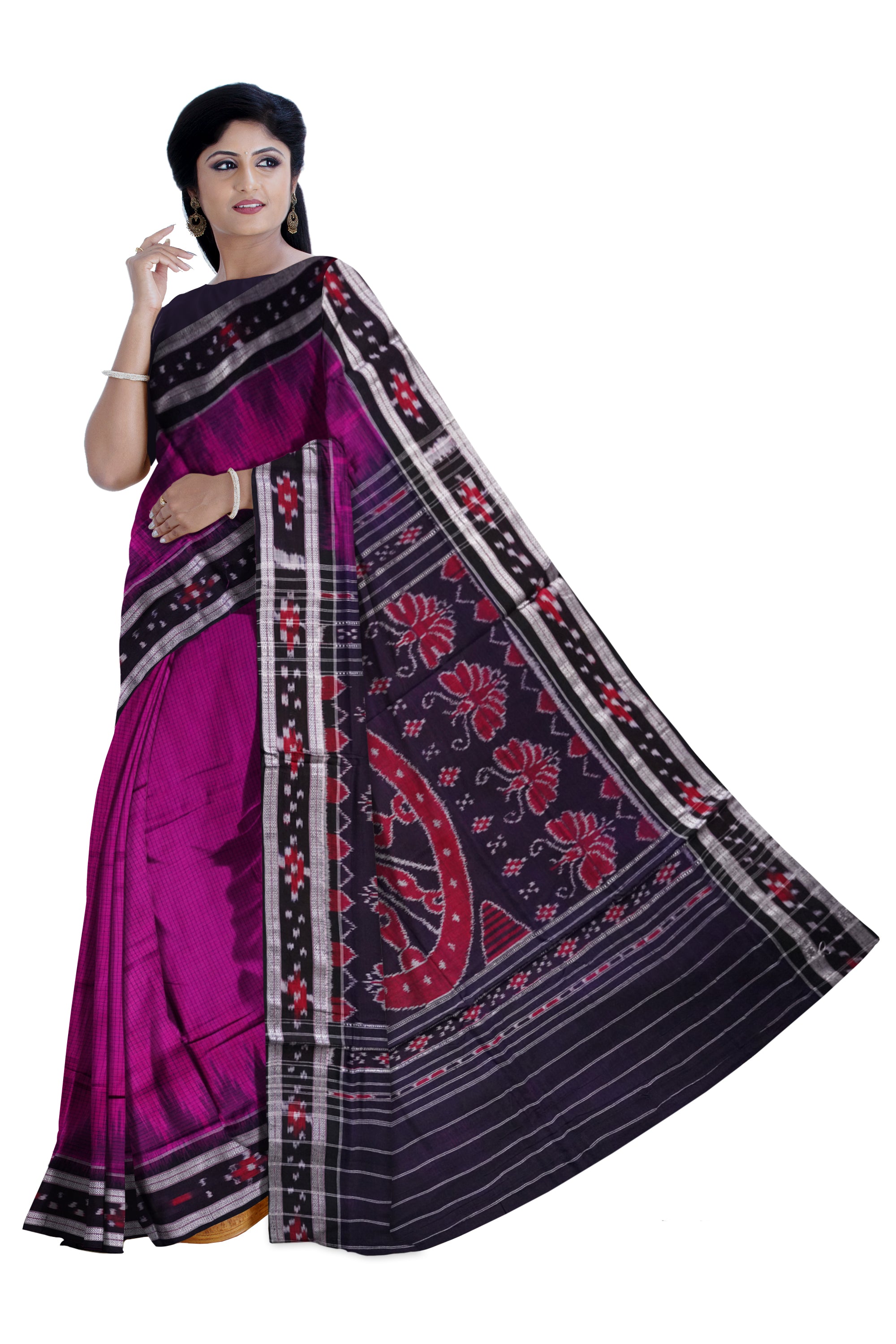 Pink and Black colour dhadi pasapali pattern sambalpuri cotton saree. - Koshali Arts & Crafts Enterprise