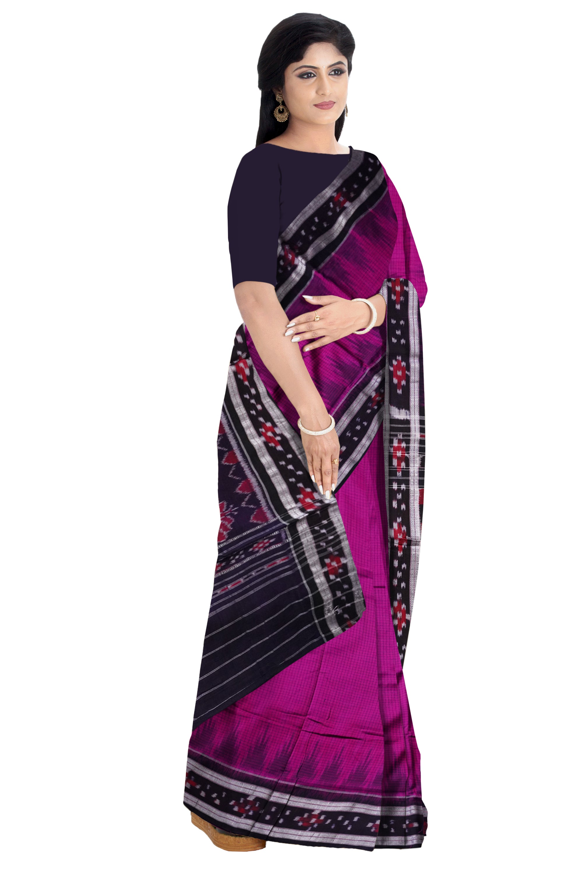 Pink and Black colour dhadi pasapali pattern sambalpuri cotton saree. - Koshali Arts & Crafts Enterprise