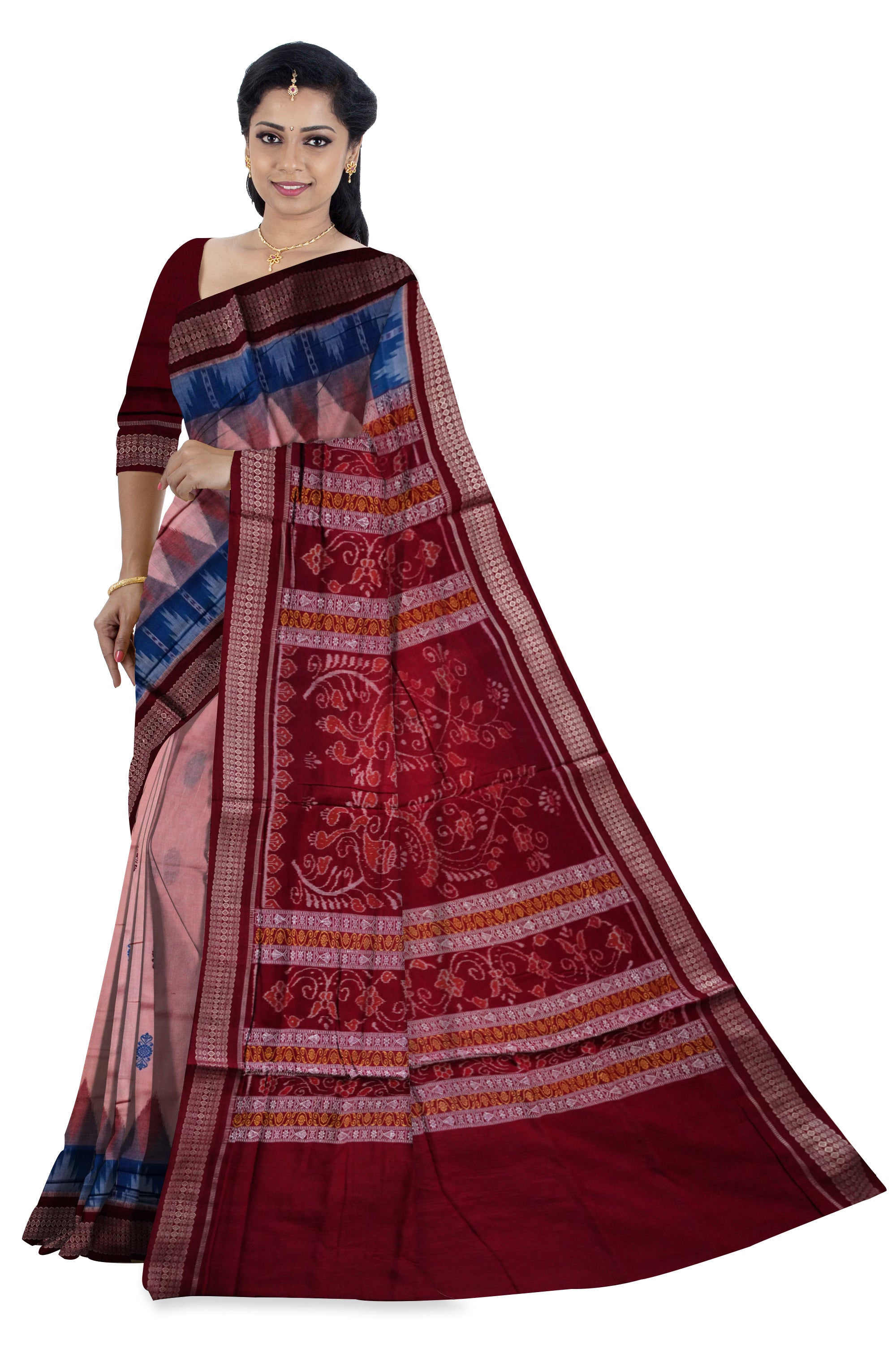 Baby Pink, Sky and Maroon colour kargil pattern bomkei cotton saree. - Koshali Arts & Crafts Enterprise