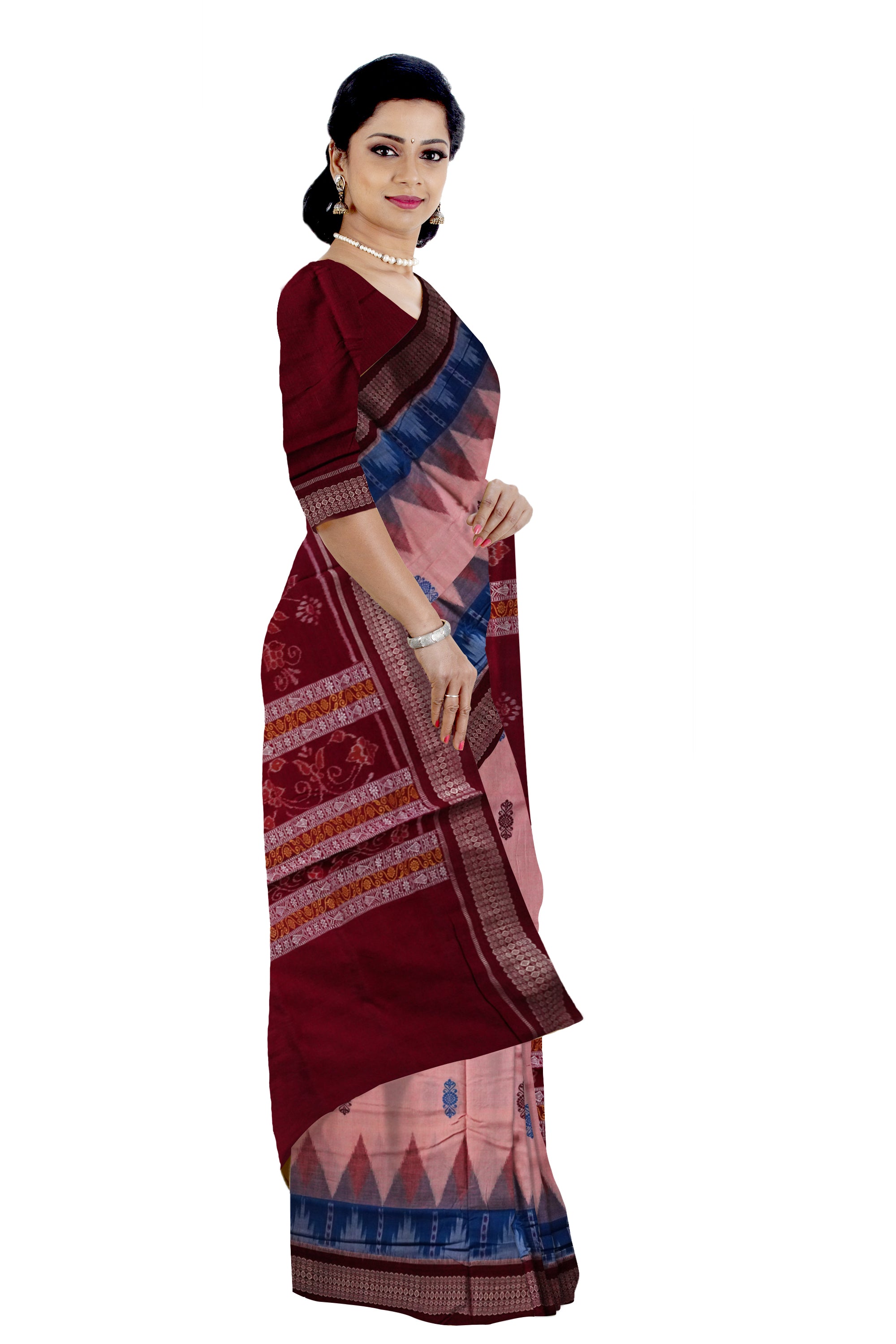 Baby Pink, Sky and Maroon colour kargil pattern bomkei cotton saree. - Koshali Arts & Crafts Enterprise