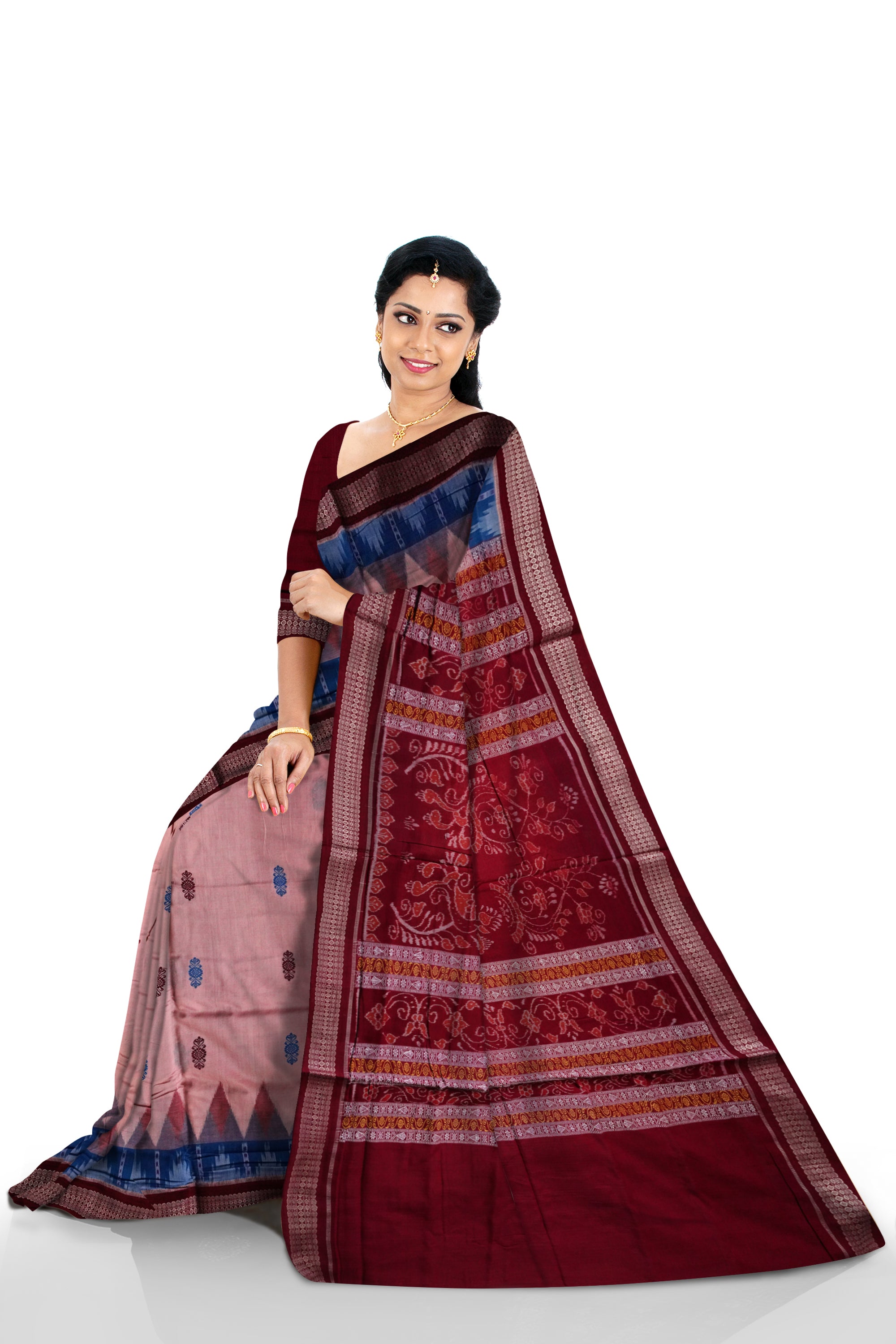 Baby Pink, Sky and Maroon colour kargil pattern bomkei cotton saree. - Koshali Arts & Crafts Enterprise