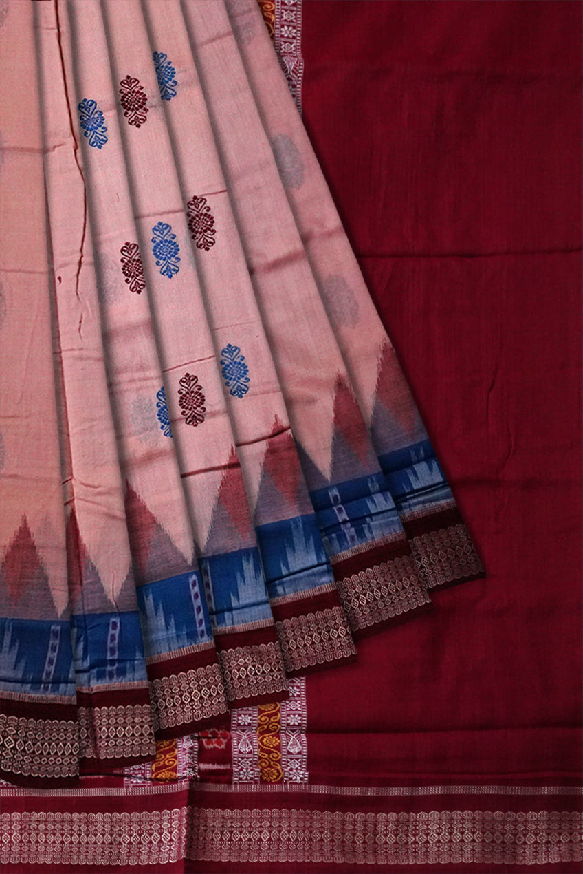 Baby Pink, Sky and Maroon colour kargil pattern bomkei cotton saree. - Koshali Arts & Crafts Enterprise