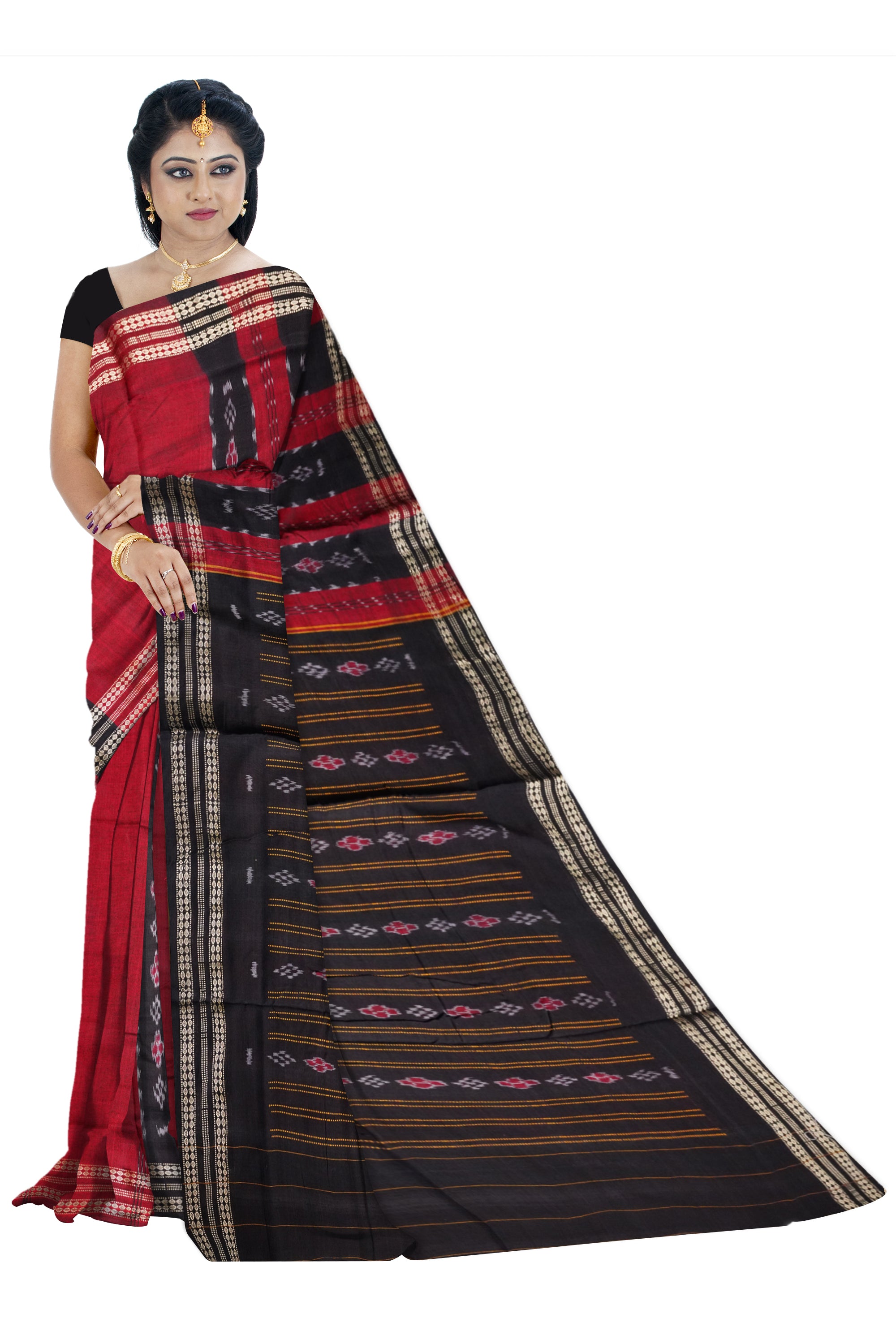 Maroon & Black color Sambalpuri cotton saree. - Koshali Arts & Crafts Enterprise