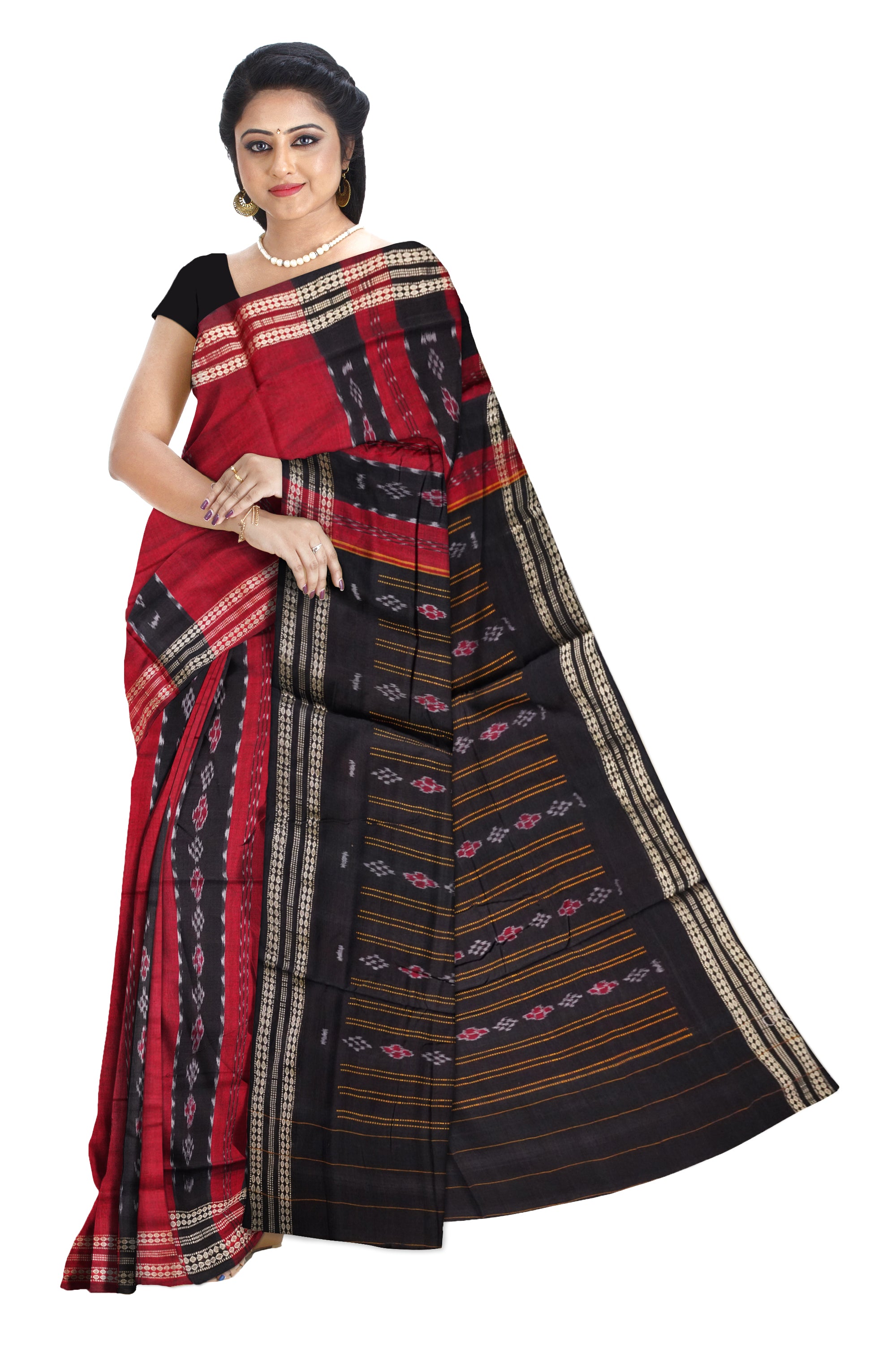 Maroon & Black color Sambalpuri cotton saree. - Koshali Arts & Crafts Enterprise