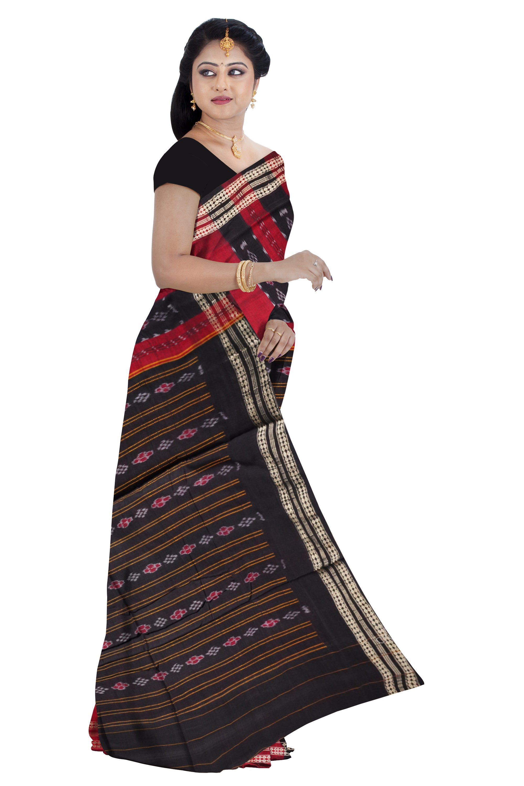 Maroon & Black color Sambalpuri cotton saree. - Koshali Arts & Crafts Enterprise