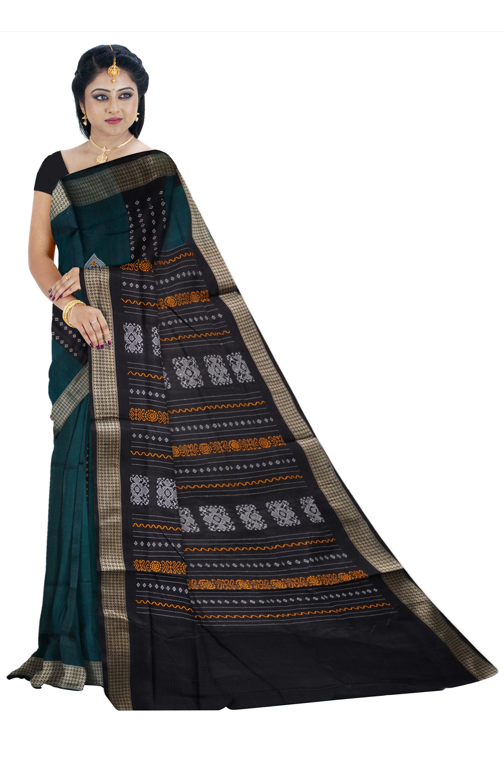 Dark-green & Black color bomkei pattern cotton saree, without blouse piece. - Koshali Arts & Crafts Enterprise