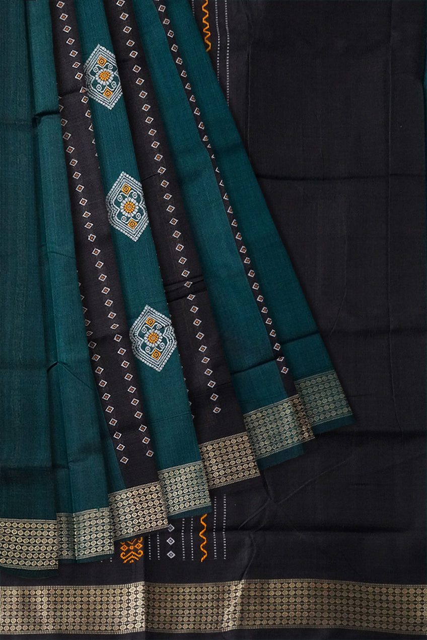 Dark-green & Black color bomkei pattern cotton saree, without blouse piece. - Koshali Arts & Crafts Enterprise