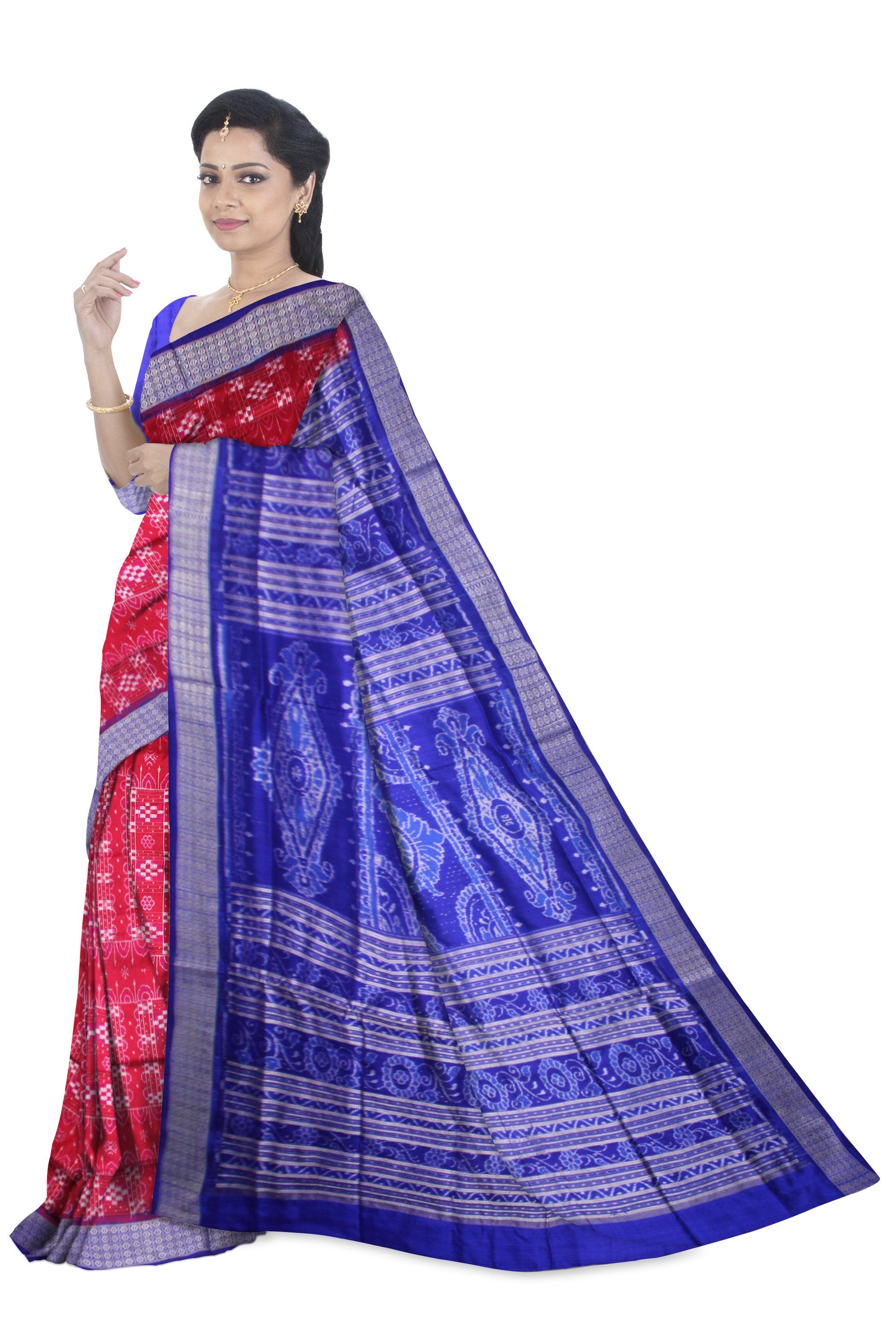 RED AND BLUE COLOR SONEPUR PASAPALI DESIGN SAREE , WITH BLOUSE PIECE. - Koshali Arts & Crafts Enterprise