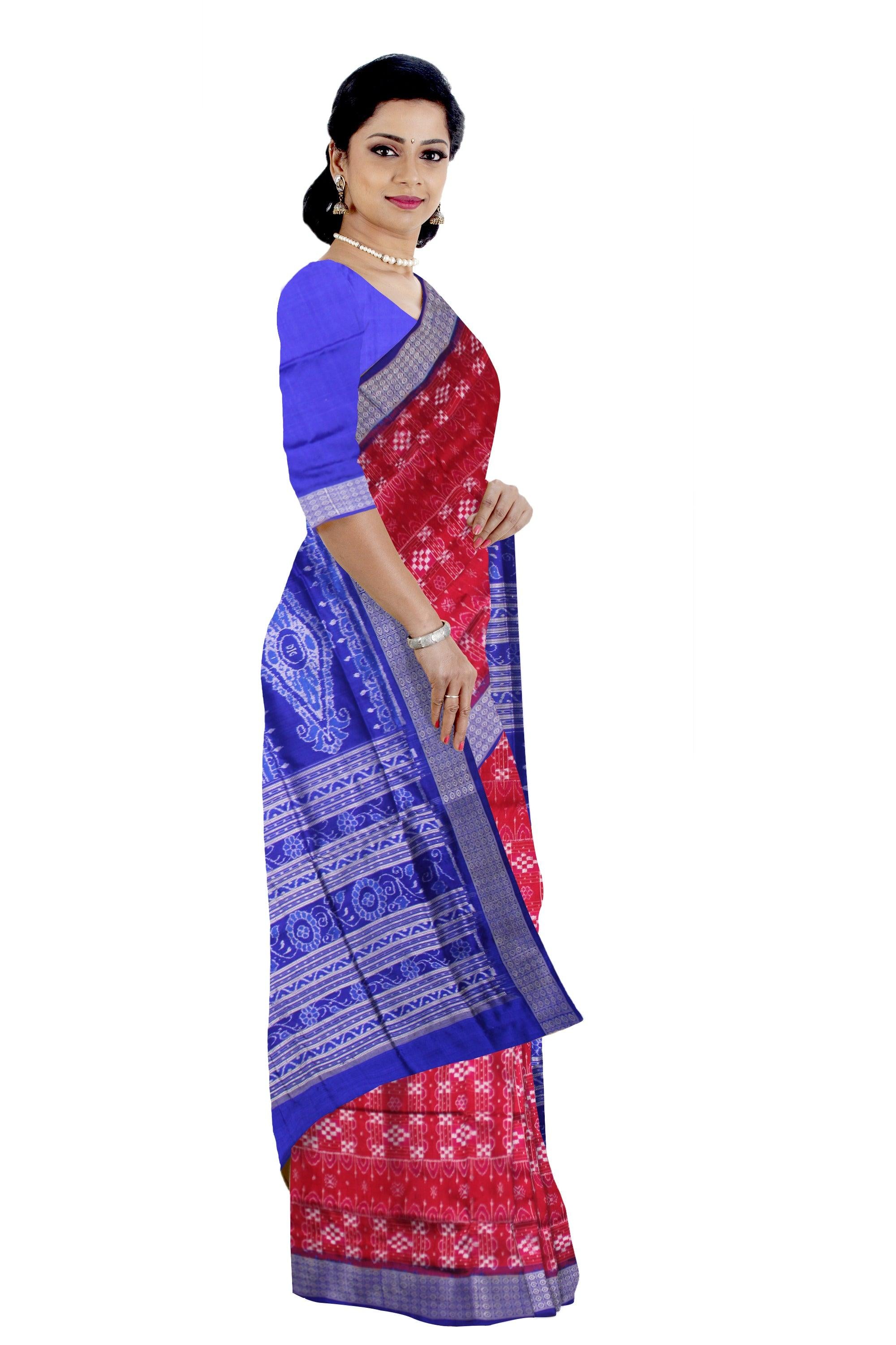 RED AND BLUE COLOR SONEPUR PASAPALI DESIGN SAREE , WITH BLOUSE PIECE. - Koshali Arts & Crafts Enterprise