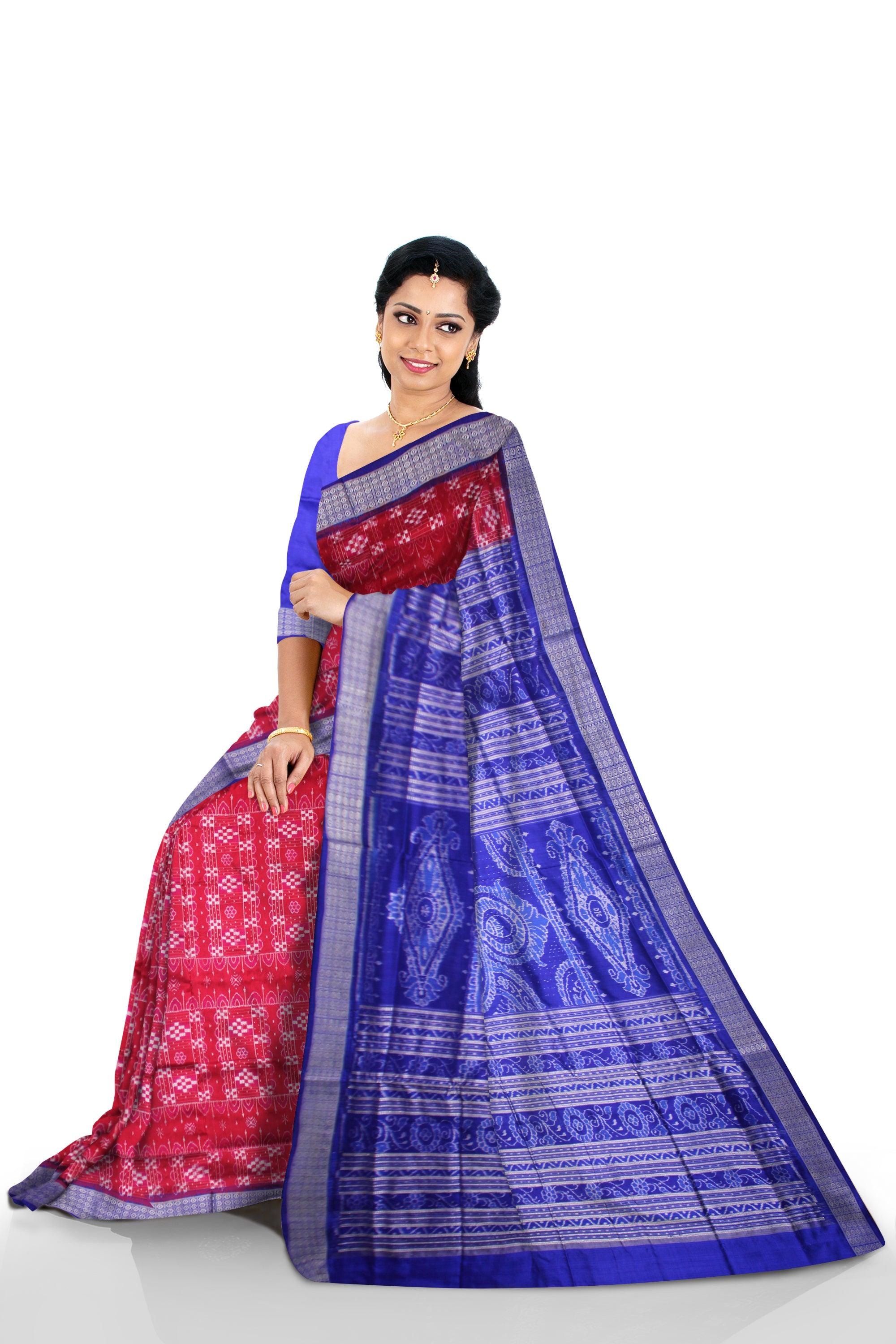 RED AND BLUE COLOR SONEPUR PASAPALI DESIGN SAREE , WITH BLOUSE PIECE. - Koshali Arts & Crafts Enterprise