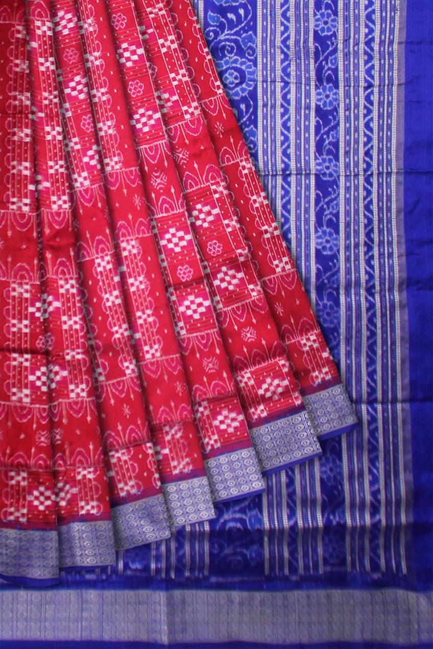 RED AND BLUE COLOR SONEPUR PASAPALI DESIGN SAREE , WITH BLOUSE PIECE. - Koshali Arts & Crafts Enterprise