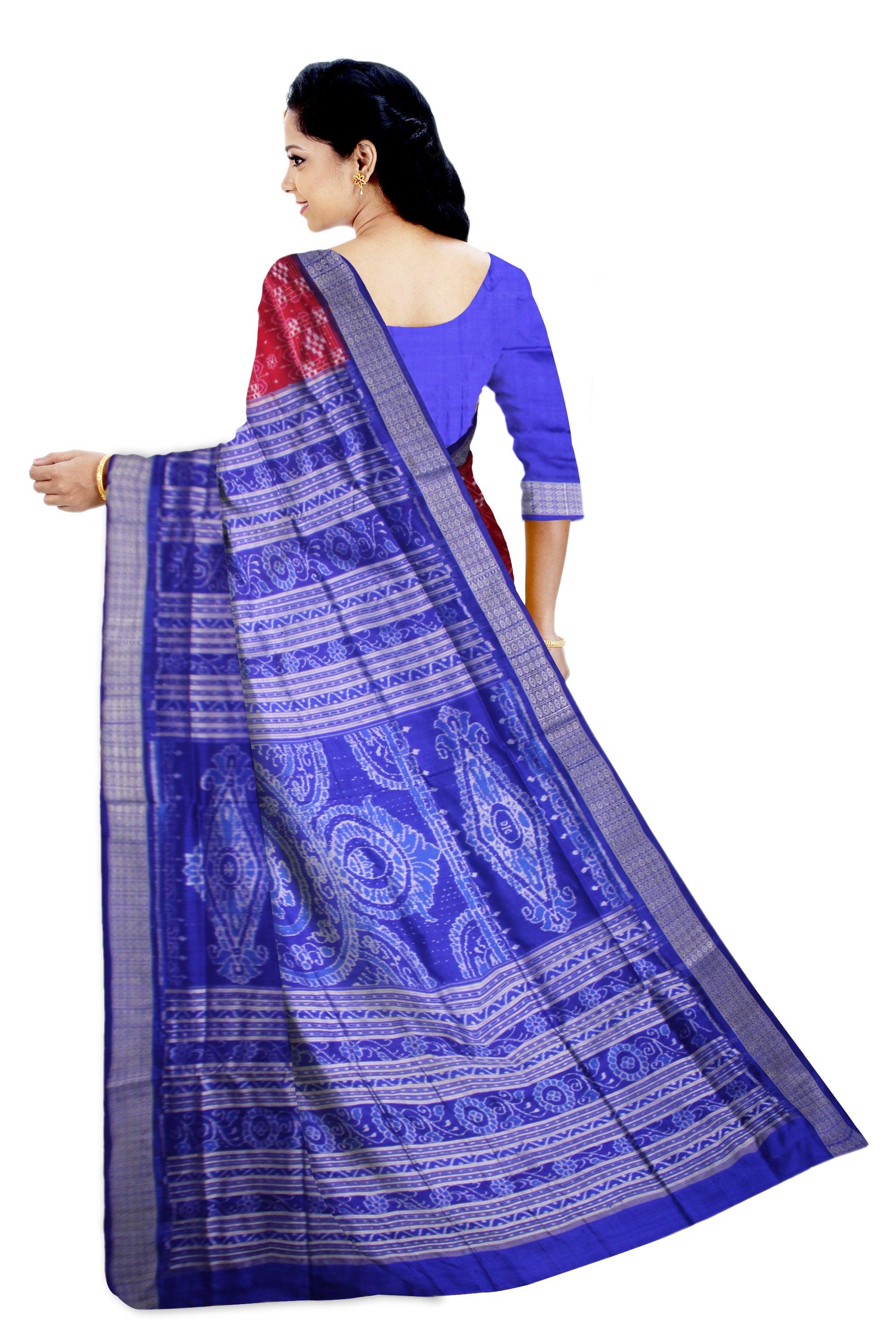 RED AND BLUE COLOR SONEPUR PASAPALI DESIGN SAREE , WITH BLOUSE PIECE. - Koshali Arts & Crafts Enterprise