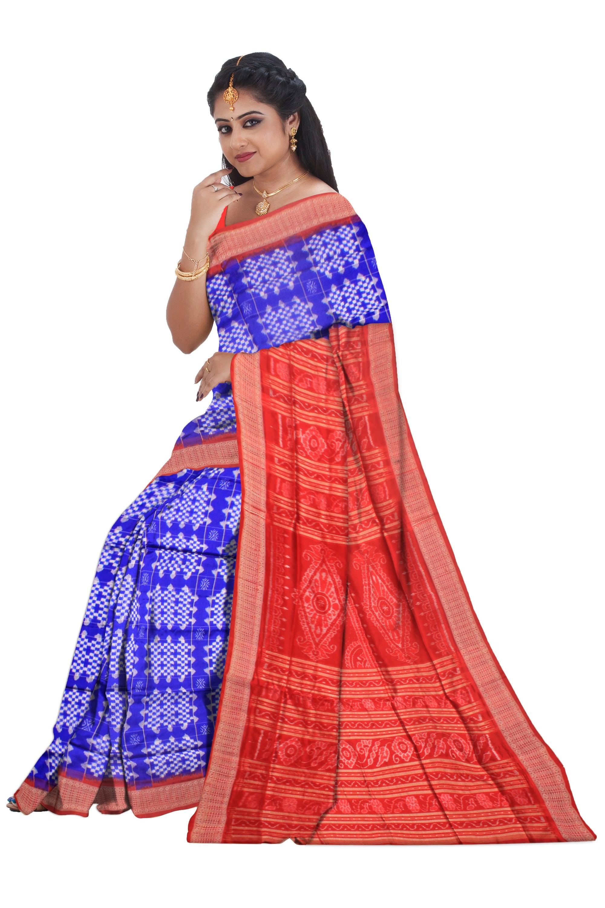 Handwoven Sonepur silk saree in blue base traditional small pasapalli ikat in body.  With  blouse piece. - Koshali Arts & Crafts Enterprise