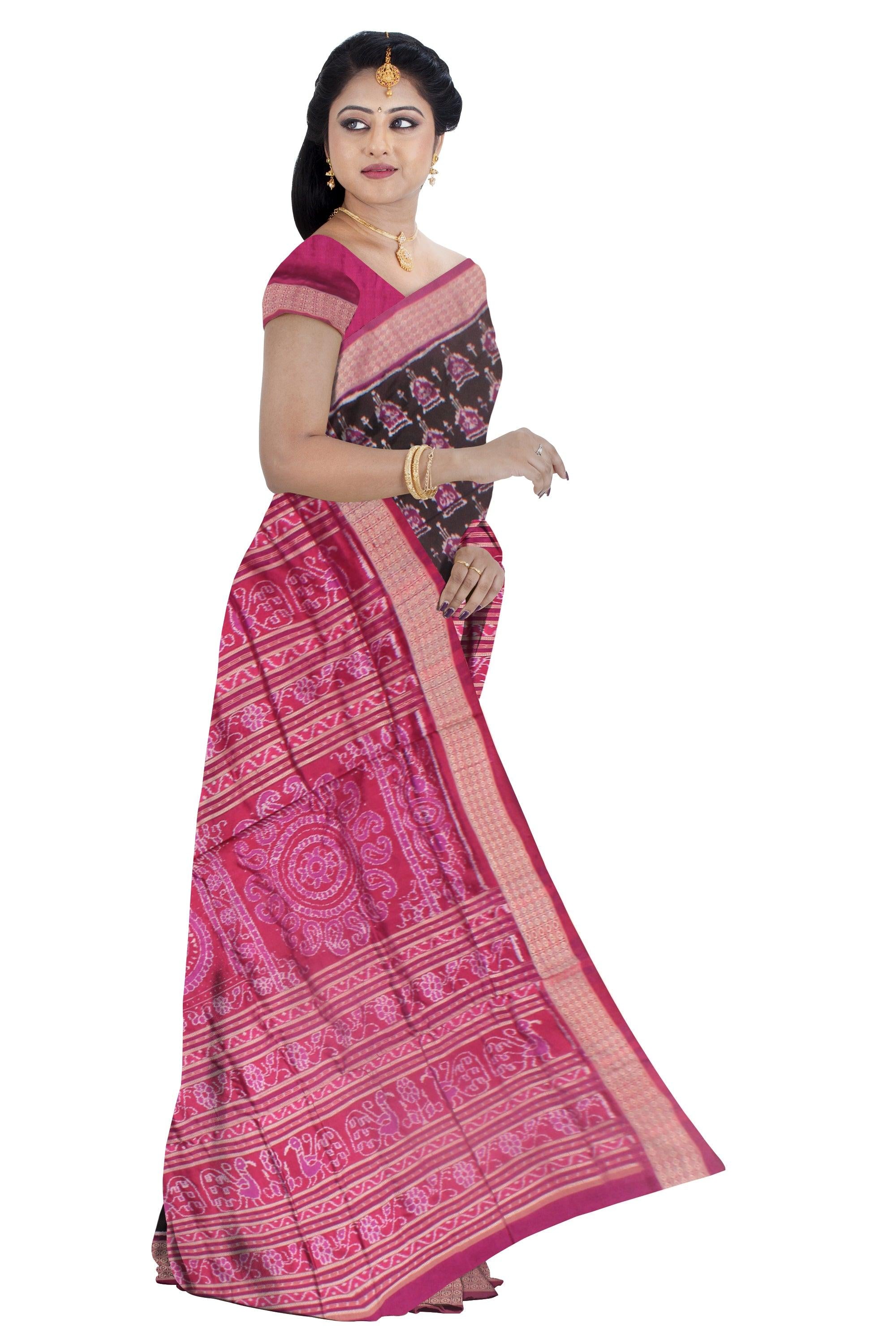 TERRACOTTA AND SMALL  PASAPALI DESIGN PATA SAREE IN ROSE AND BURGUNDY COLOR, ATTACHED WITH BLOUSE PIECE. - Koshali Arts & Crafts Enterprise