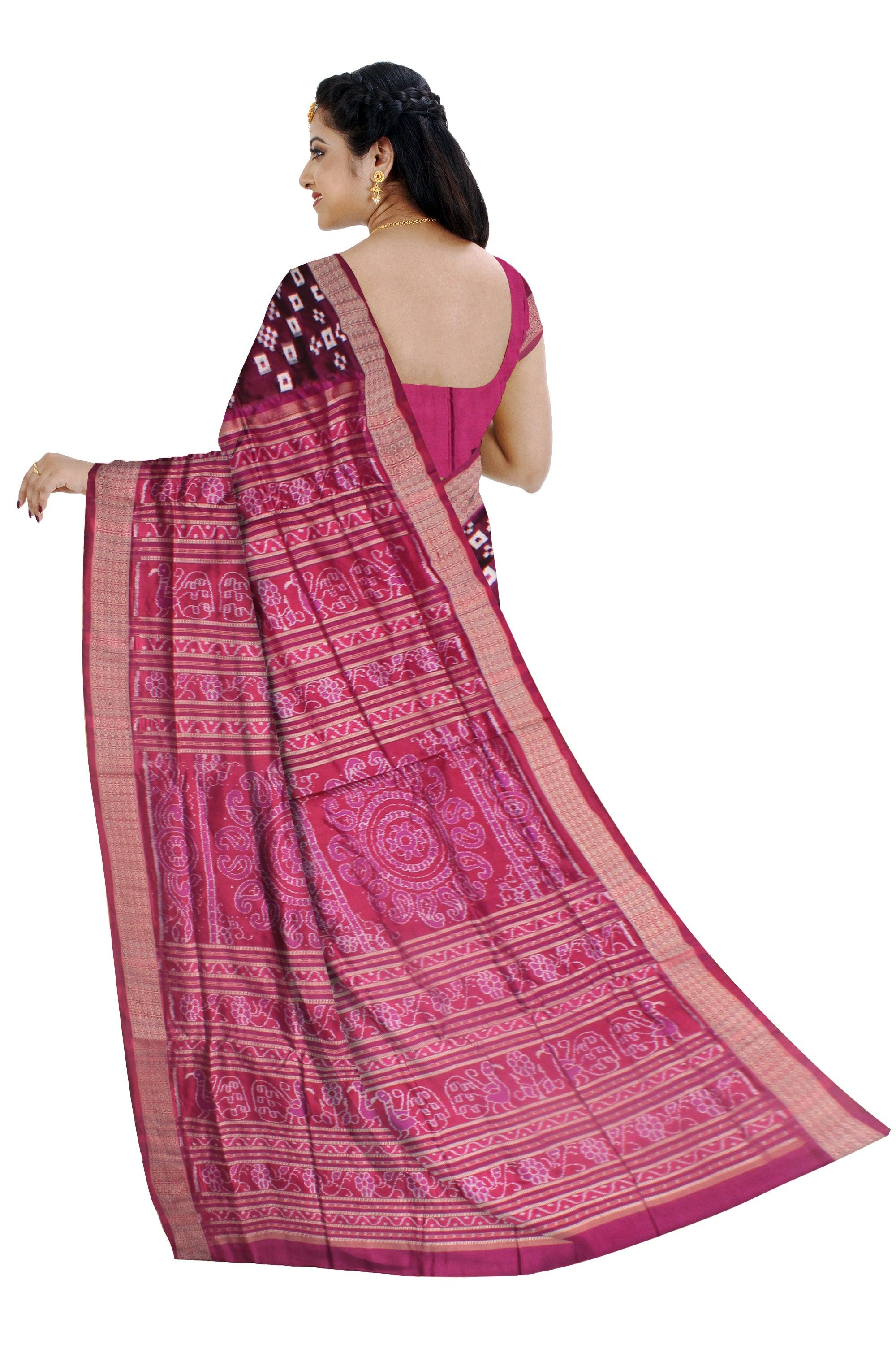 TERRACOTTA AND SMALL  PASAPALI DESIGN PATA SAREE IN ROSE AND BURGUNDY COLOR, ATTACHED WITH BLOUSE PIECE. - Koshali Arts & Crafts Enterprise