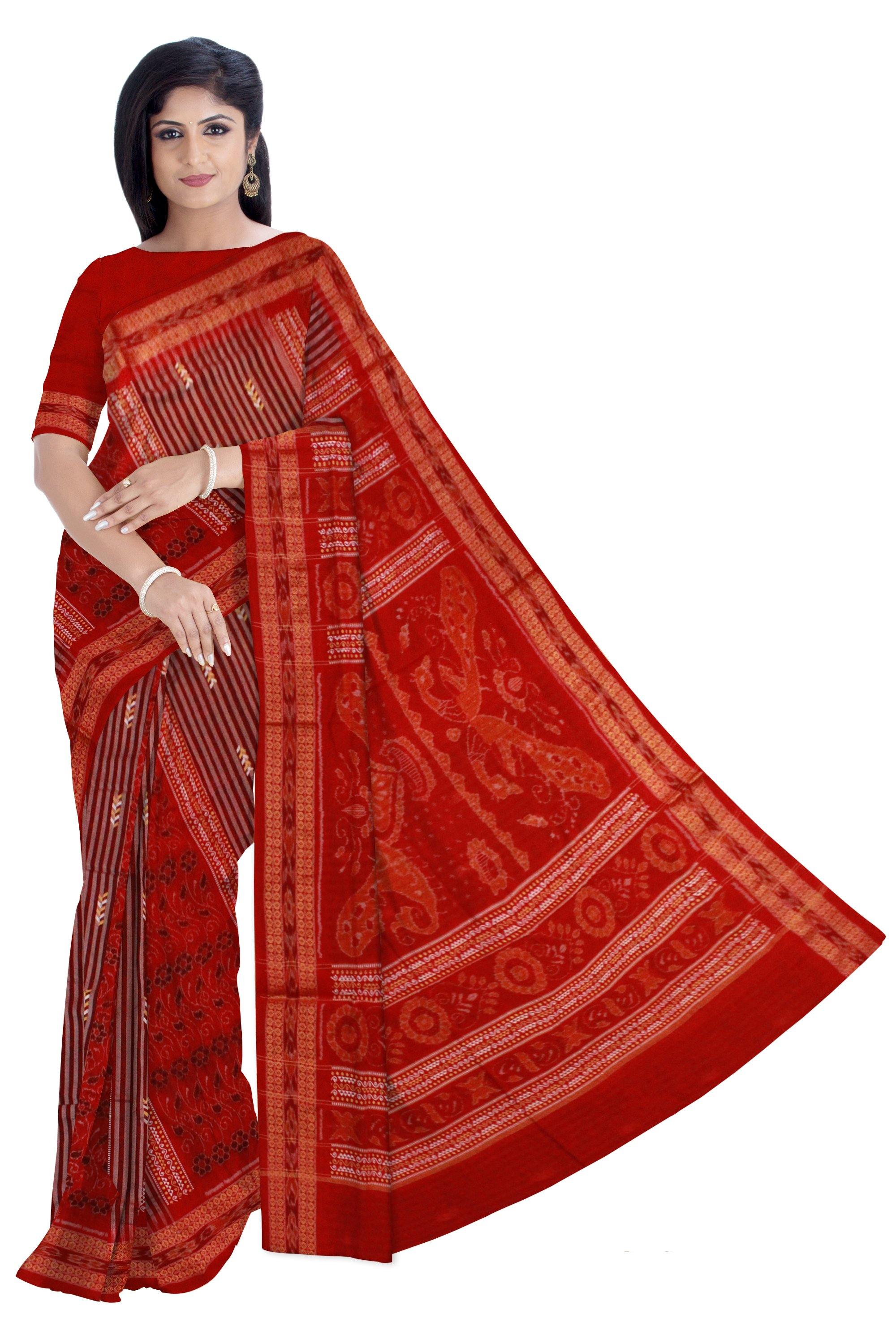 Maroon color flora print cotton saree with blouse piece - Koshali Arts & Crafts Enterprise