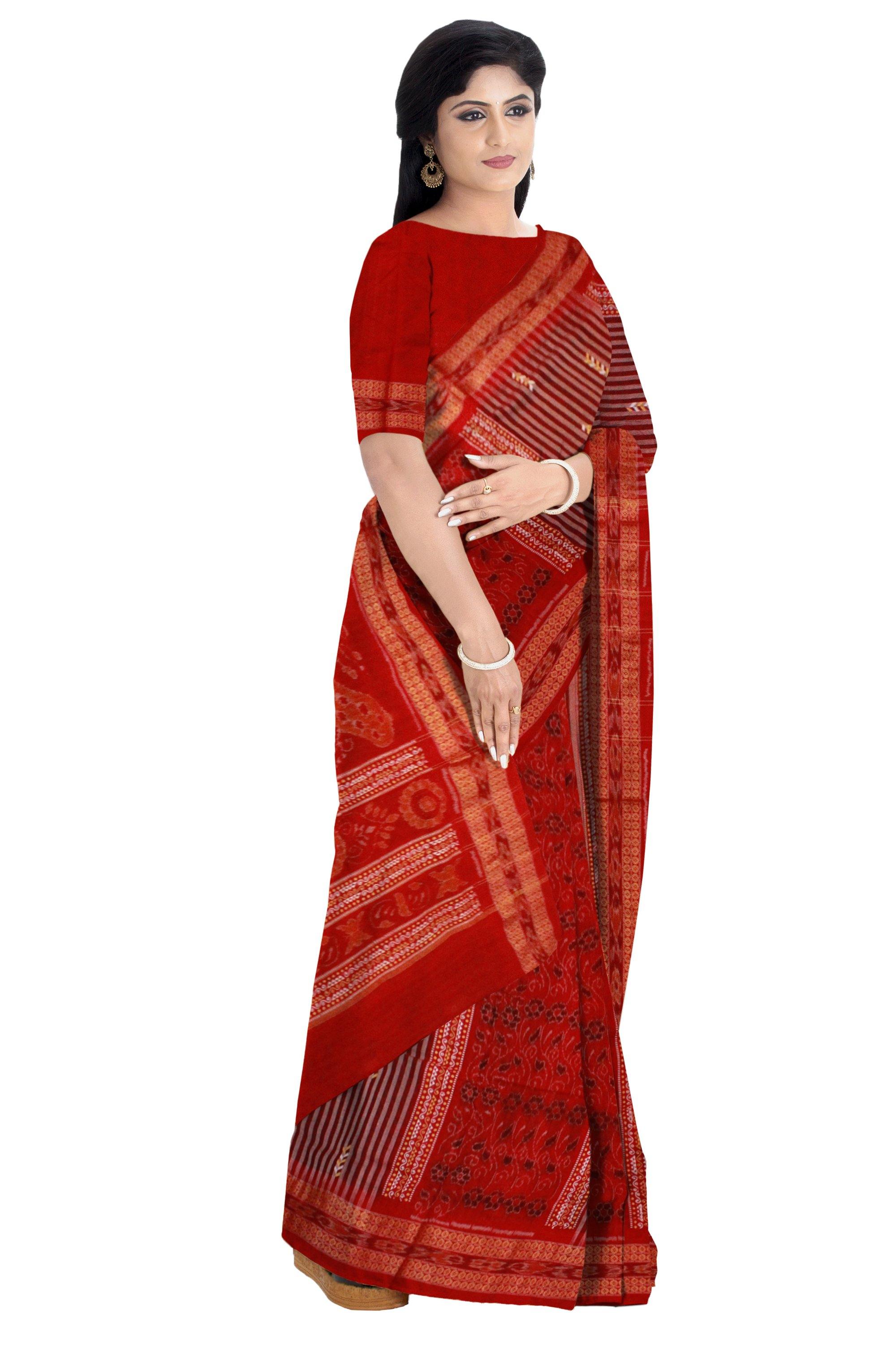 Maroon color flora print cotton saree with blouse piece - Koshali Arts & Crafts Enterprise