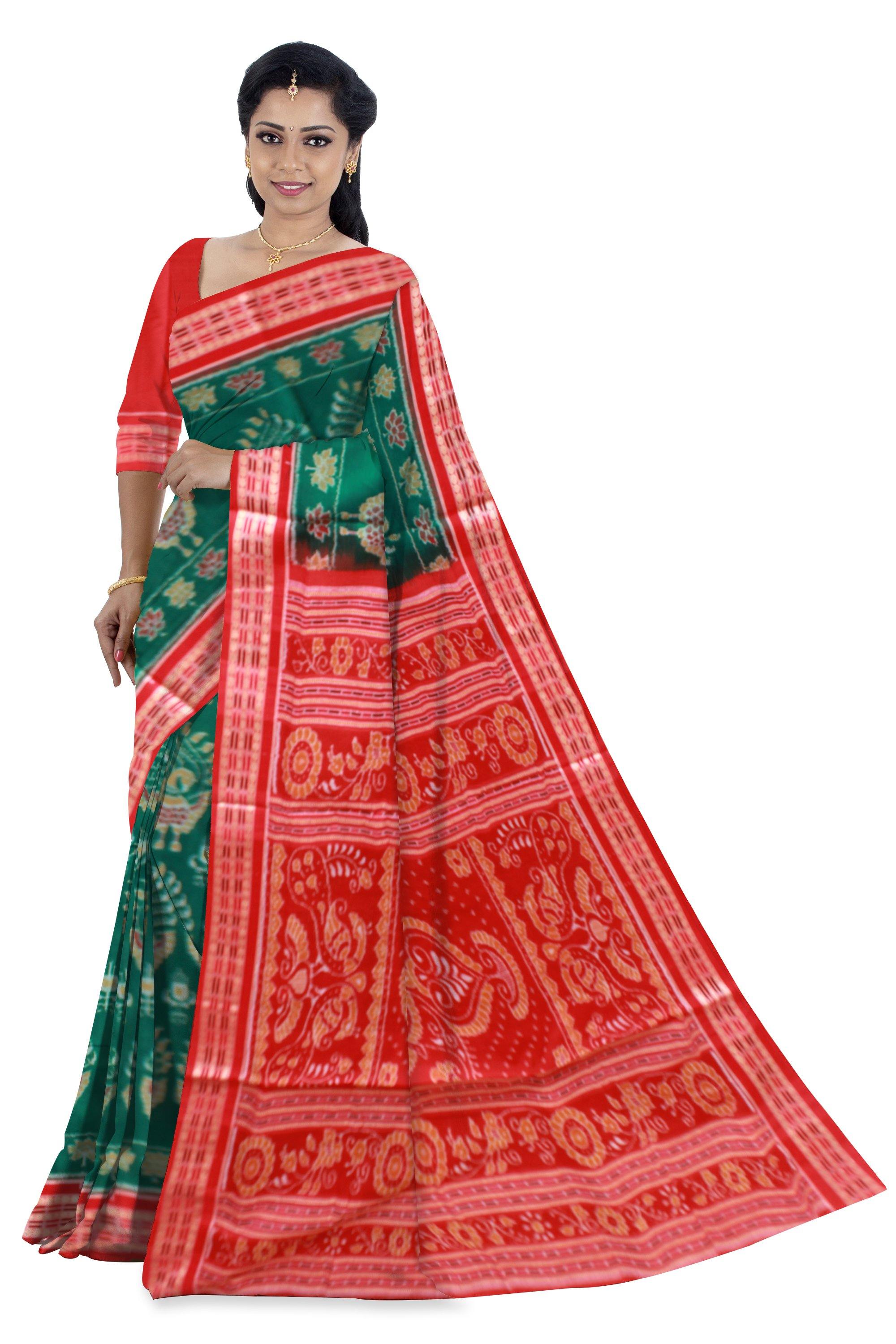 Green color Mayuri print Sambalpuri Ikat saree with blouse piece - Koshali Arts & Crafts Enterprise