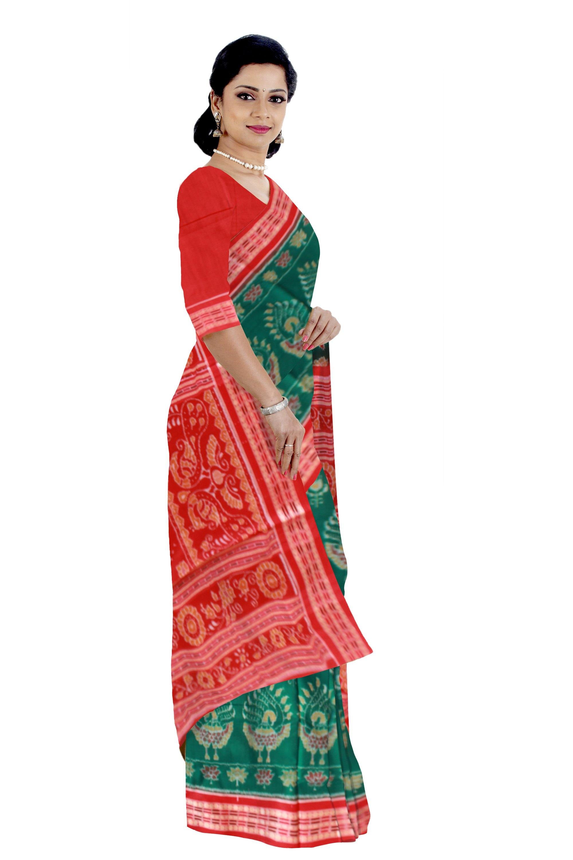 Green color Mayuri print Sambalpuri Ikat saree with blouse piece - Koshali Arts & Crafts Enterprise