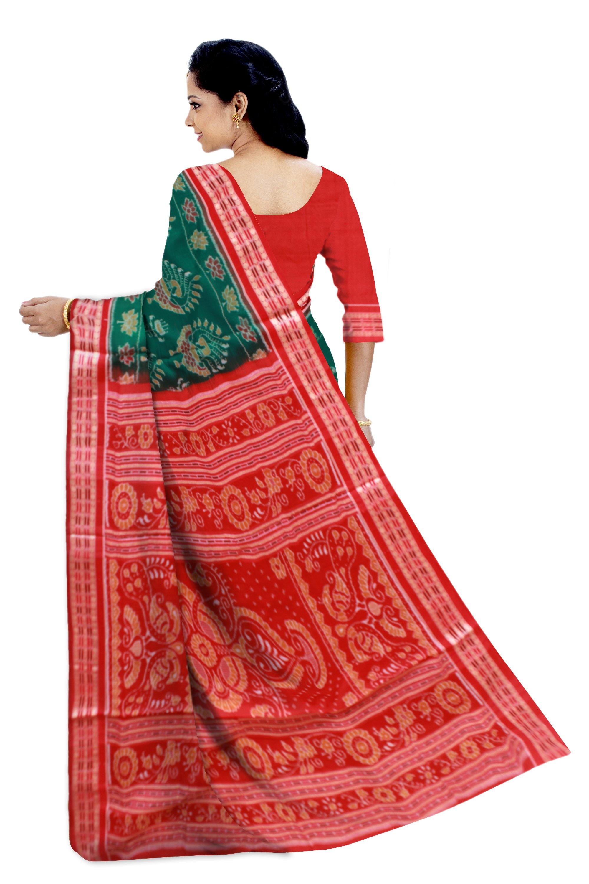 Green color Mayuri print Sambalpuri Ikat saree with blouse piece - Koshali Arts & Crafts Enterprise
