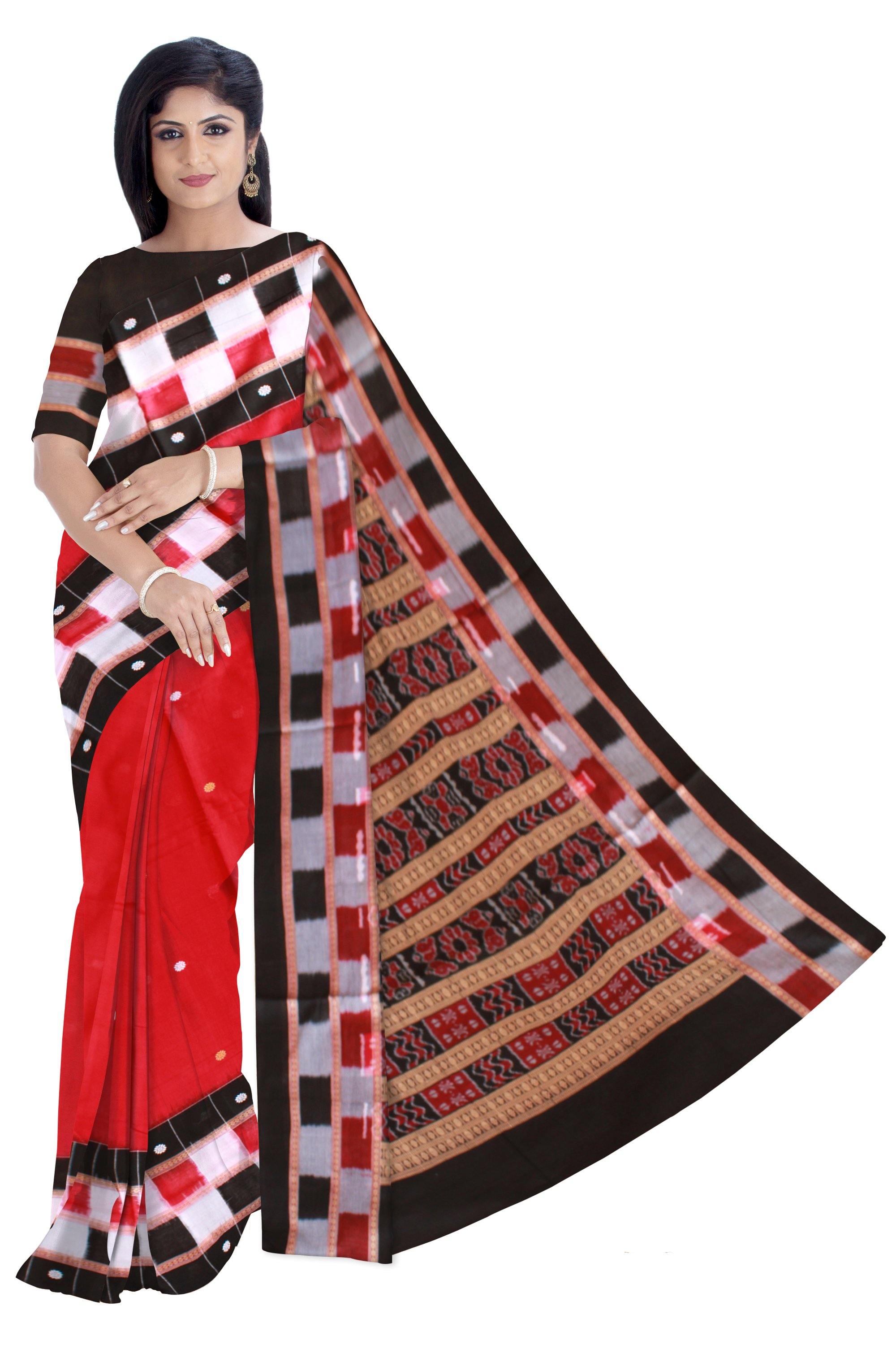 Orange color Butti patten Sambalpuri cotton saree with blouse piece. - Koshali Arts & Crafts Enterprise