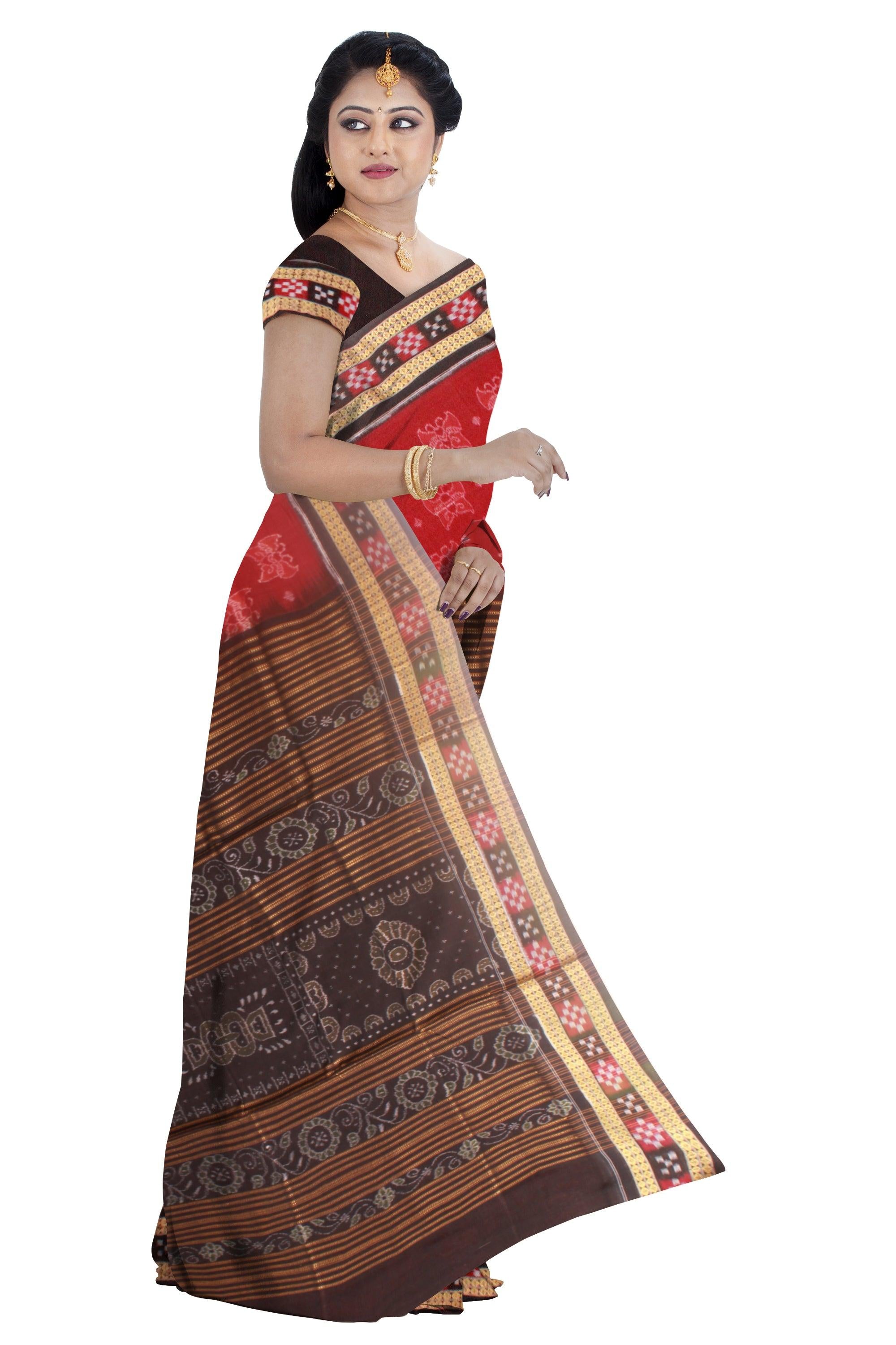 Sambalpuri cotton Saree in Red and Black Color  with blouse piece. - Koshali Arts & Crafts Enterprise