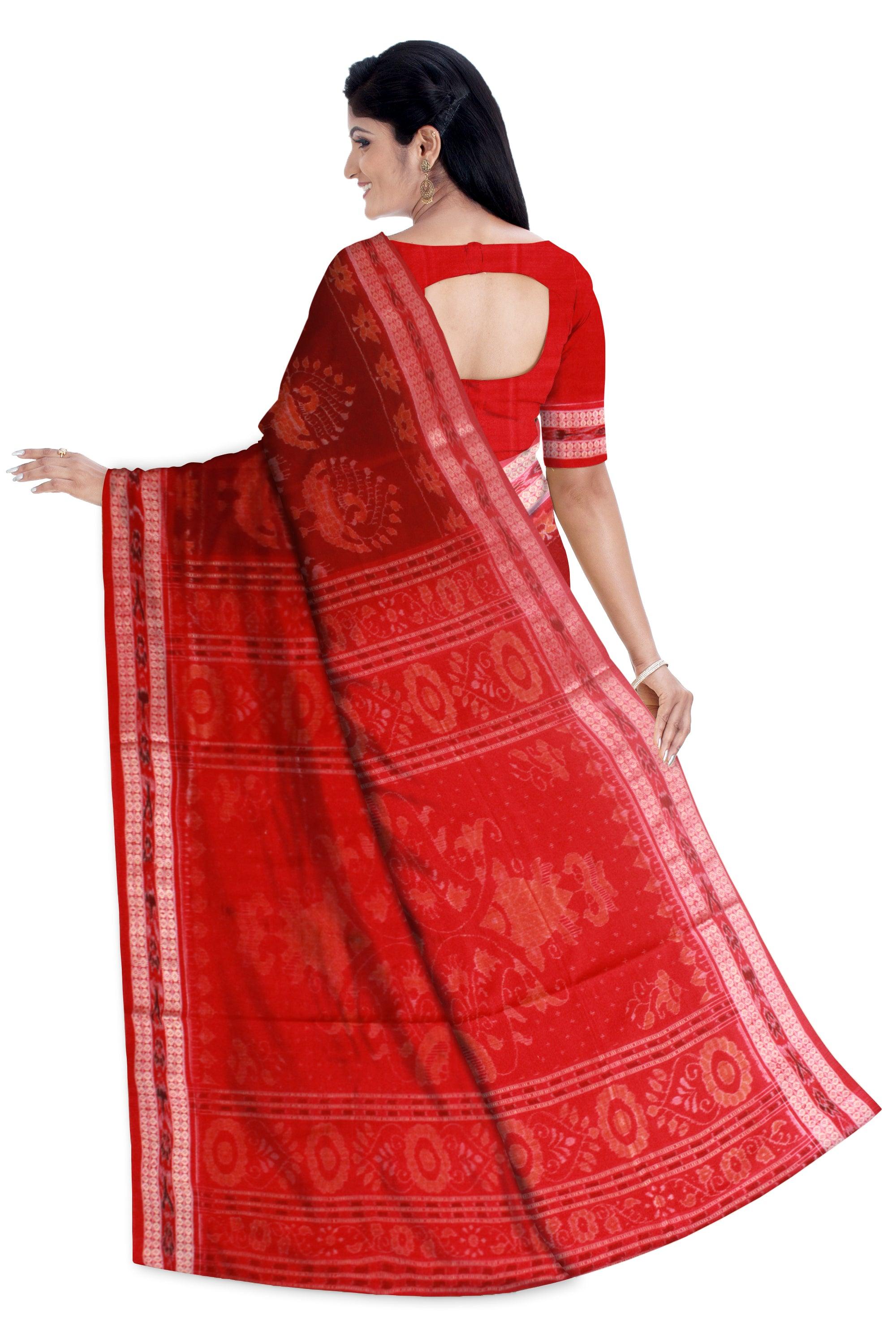 Maroon color Sambalpuri Cotton saree in Mayuri design with blouse piece. - Koshali Arts & Crafts Enterprise