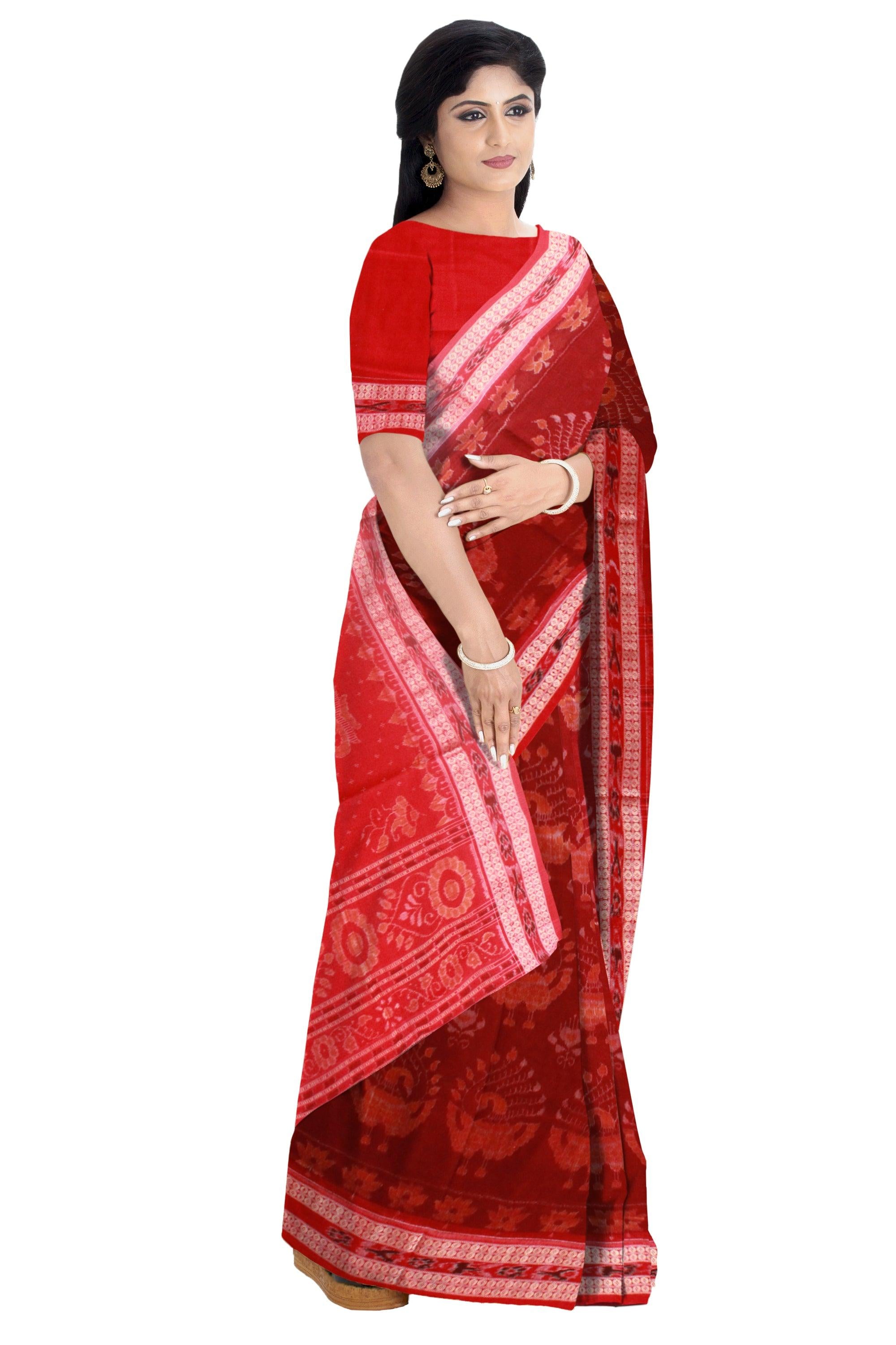 Maroon color Sambalpuri Cotton saree in Mayuri design with blouse piece. - Koshali Arts & Crafts Enterprise