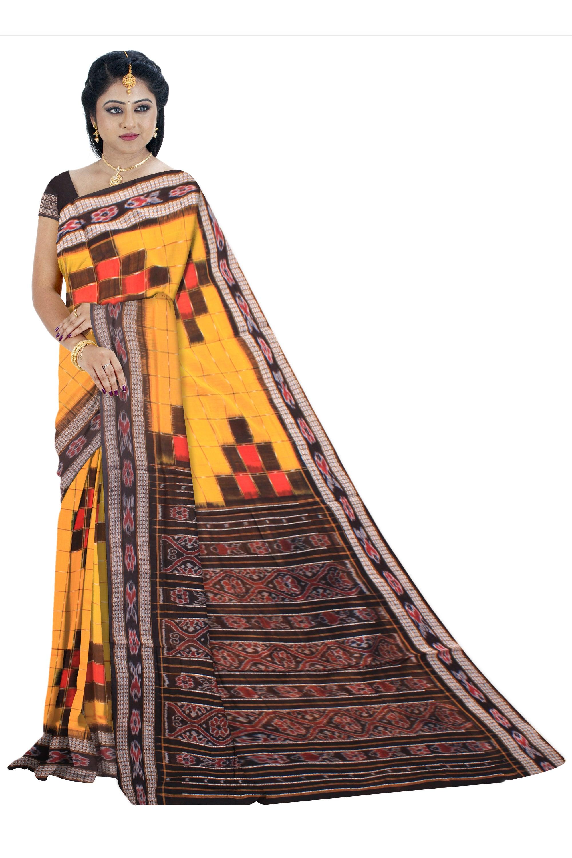 Samblpuri Sapta cotton  saree in Yellow and Black  colour border with blouse piece. - Koshali Arts & Crafts Enterprise