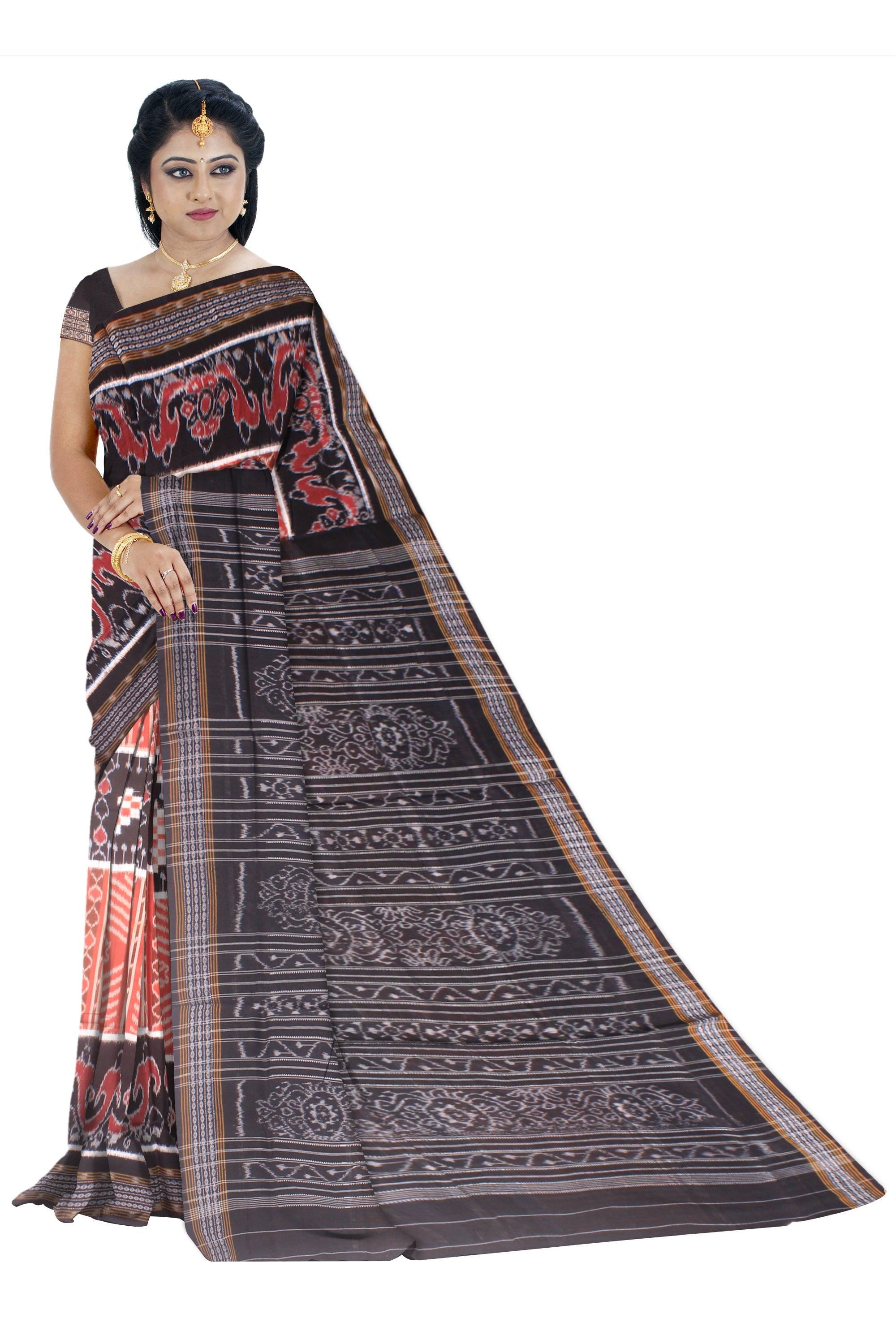 Body sapta design Black and Orange colour Sambalpuri  cotton saree with blouse piece. - Koshali Arts & Crafts Enterprise