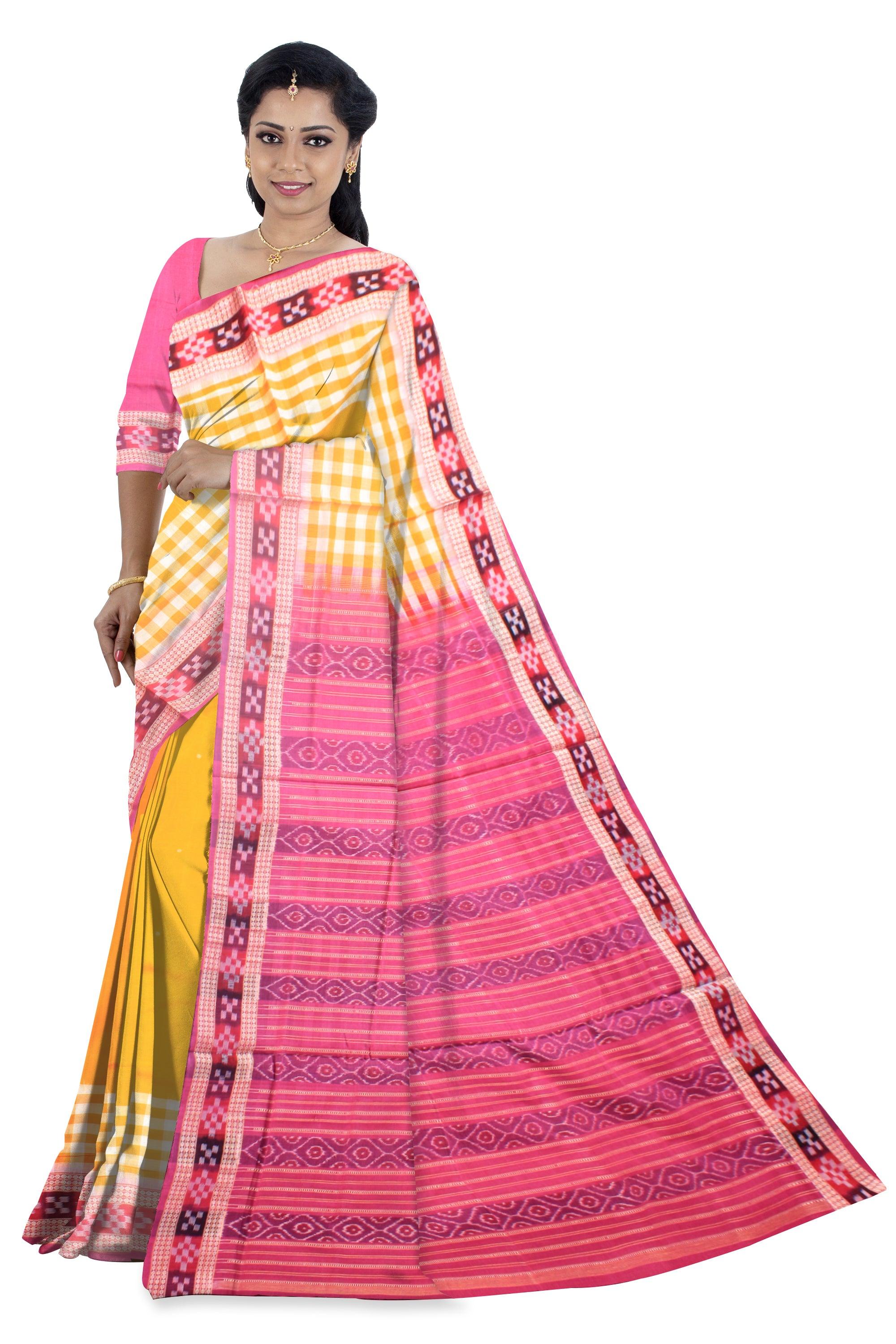 Sambalpuri dhadi sapta cotton saree in yellow and pink color,with available blouse piece. - Koshali Arts & Crafts Enterprise